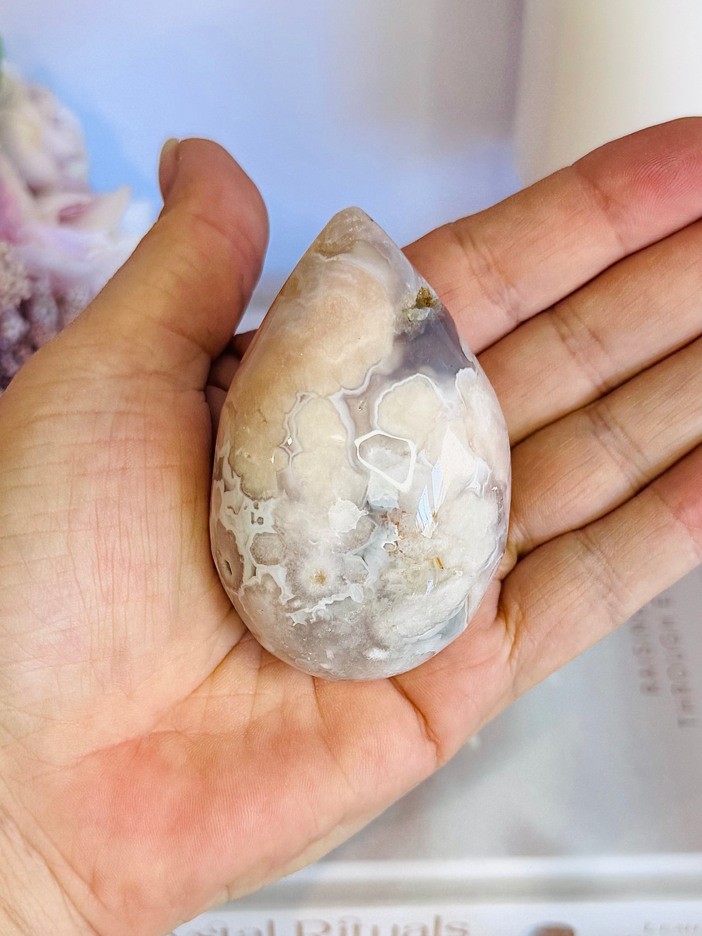 Flower Agate Carved Druzy Egg on Stand From Madagascar