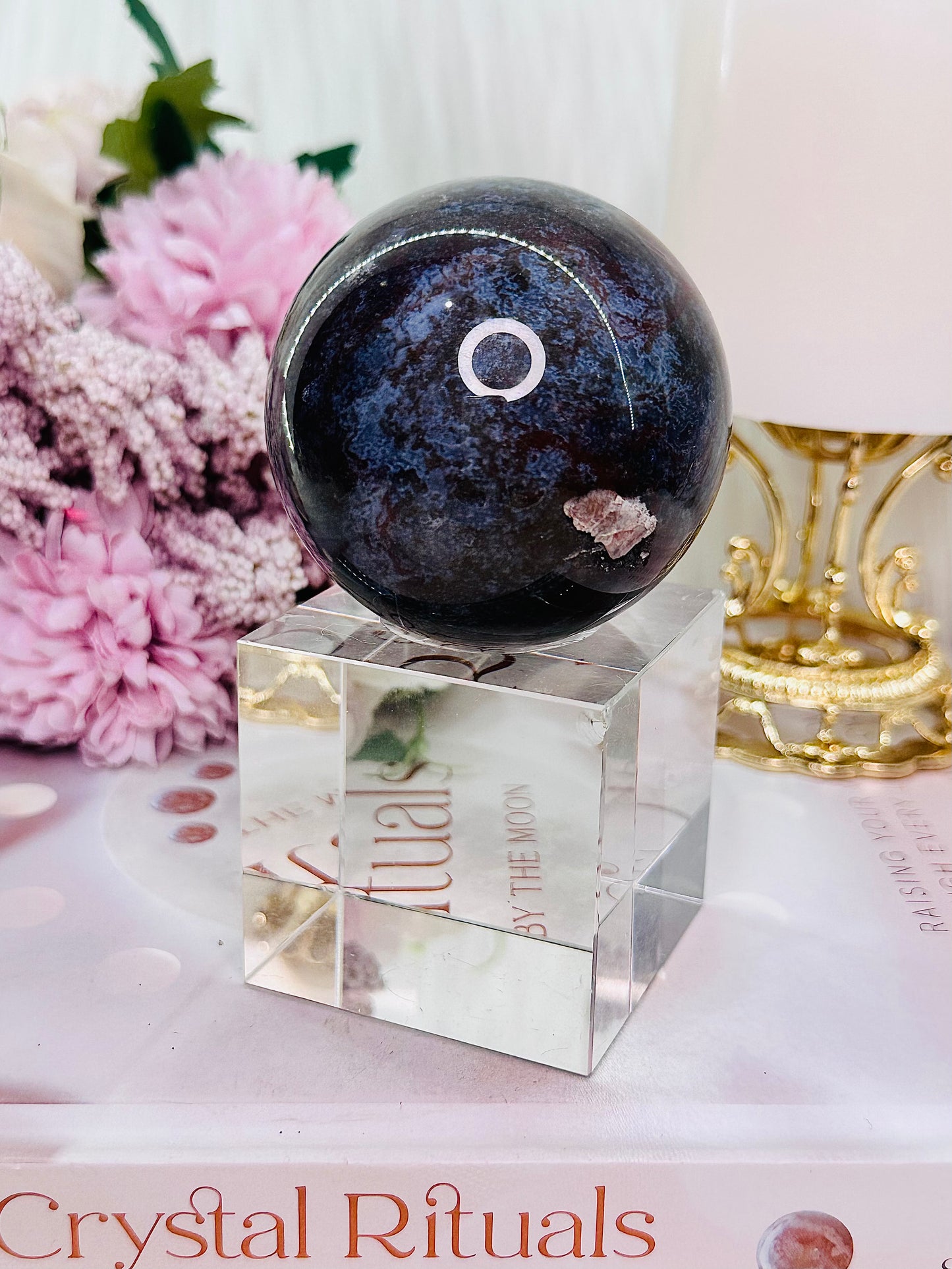 Peace & Tranquility ~ Beautiful Moss Agate Sphere On Stand 291grams (Glass stand in pic is display only)