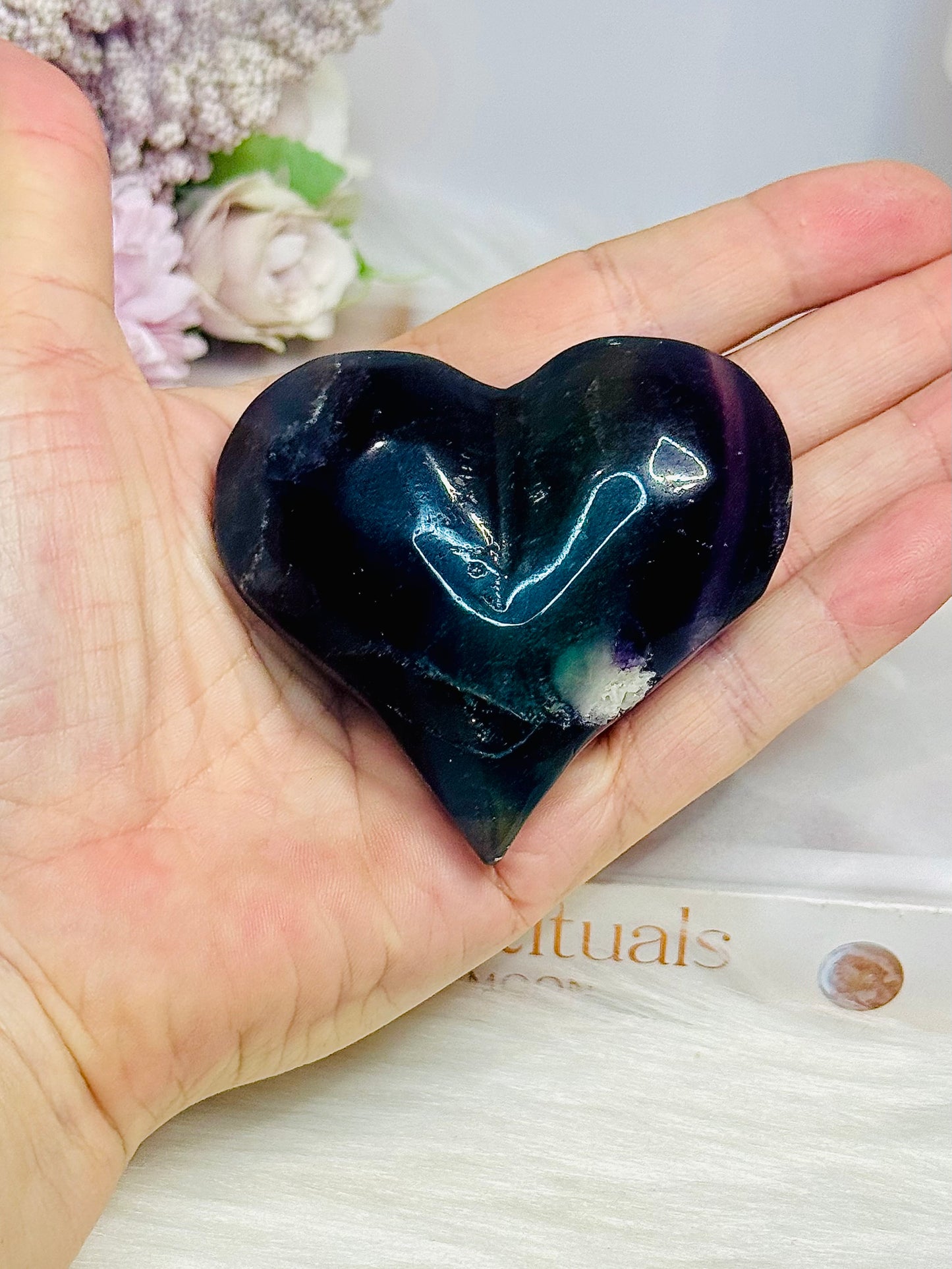 Chunky Feather Fluorite Heart on Stand 6.5cm
