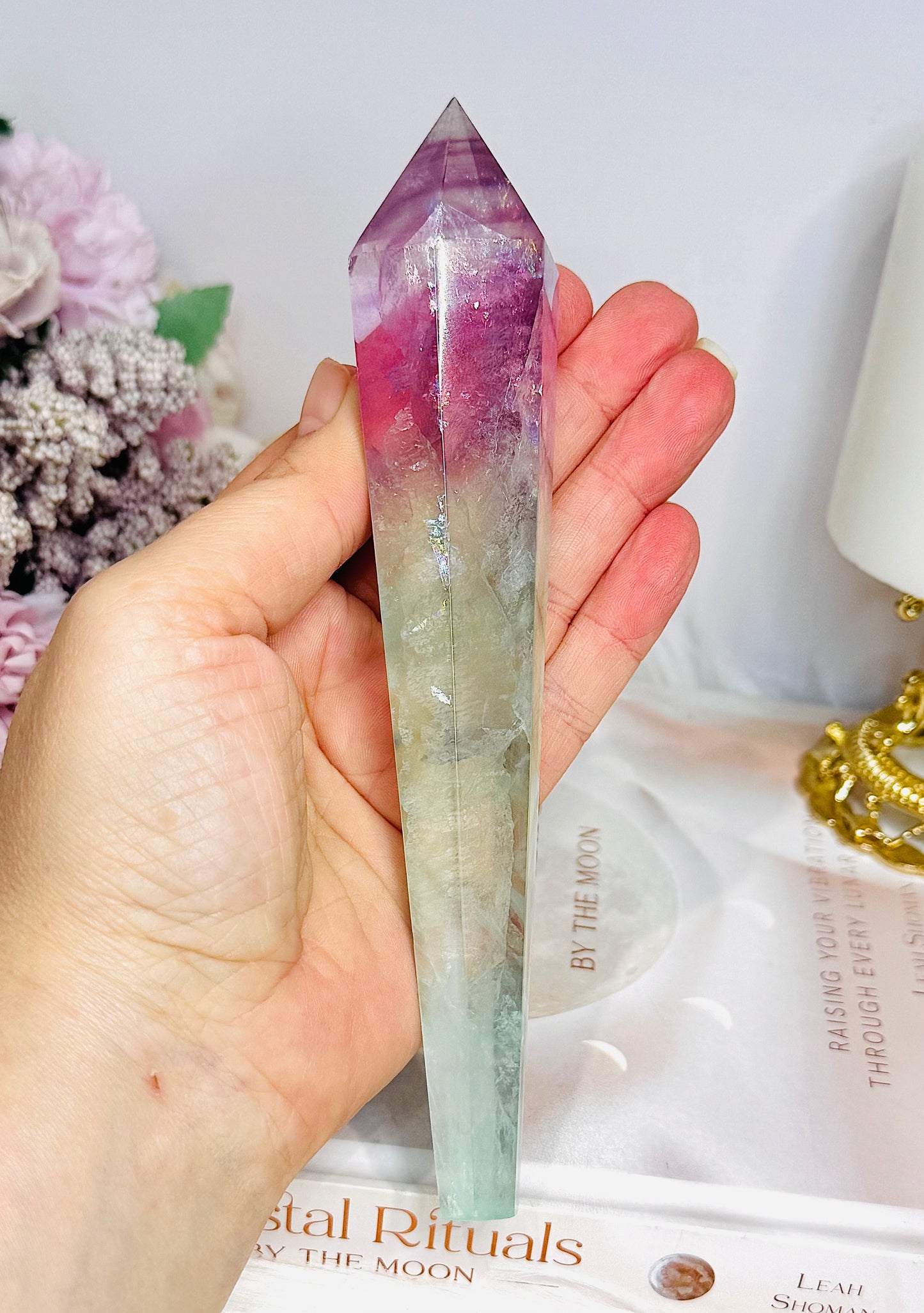 Watermelon Fluorite Wand | Tower with Rainbows 17.5cm