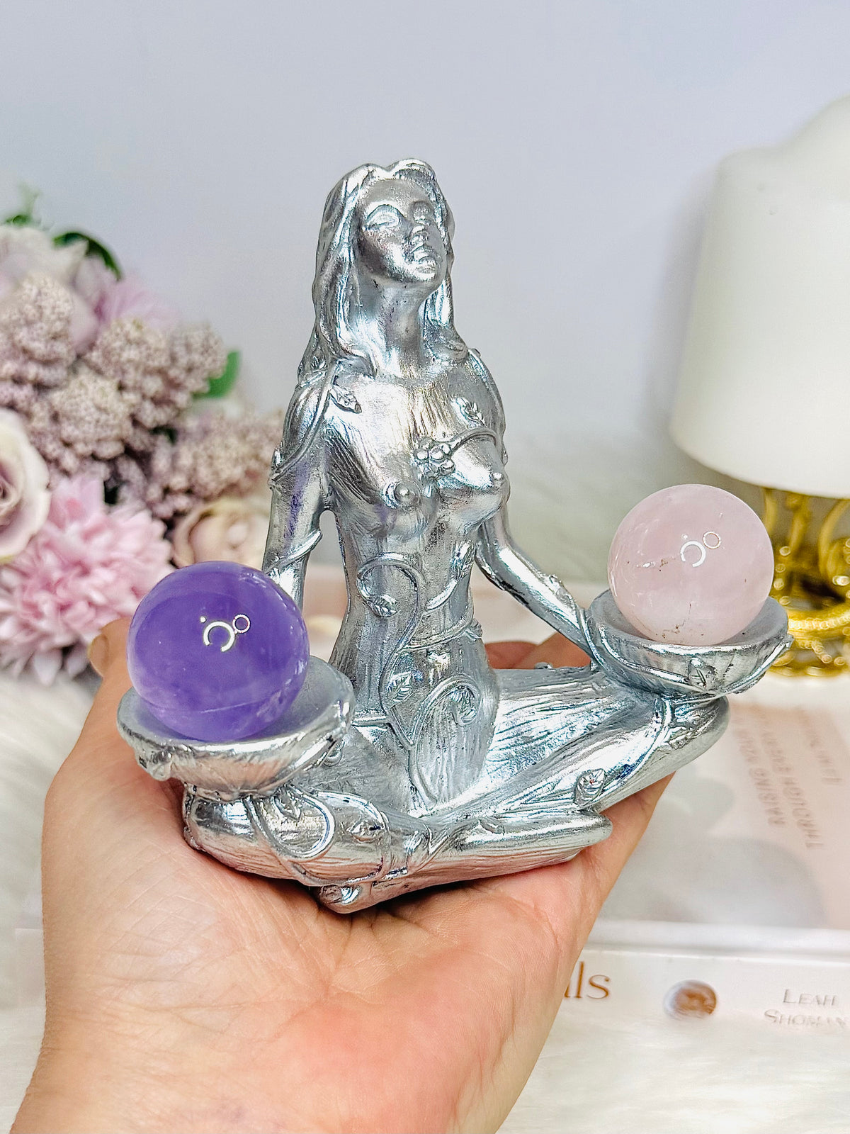 Silver Sacred Goddess with Amethyst & Rose Quartz Spheres 12cm