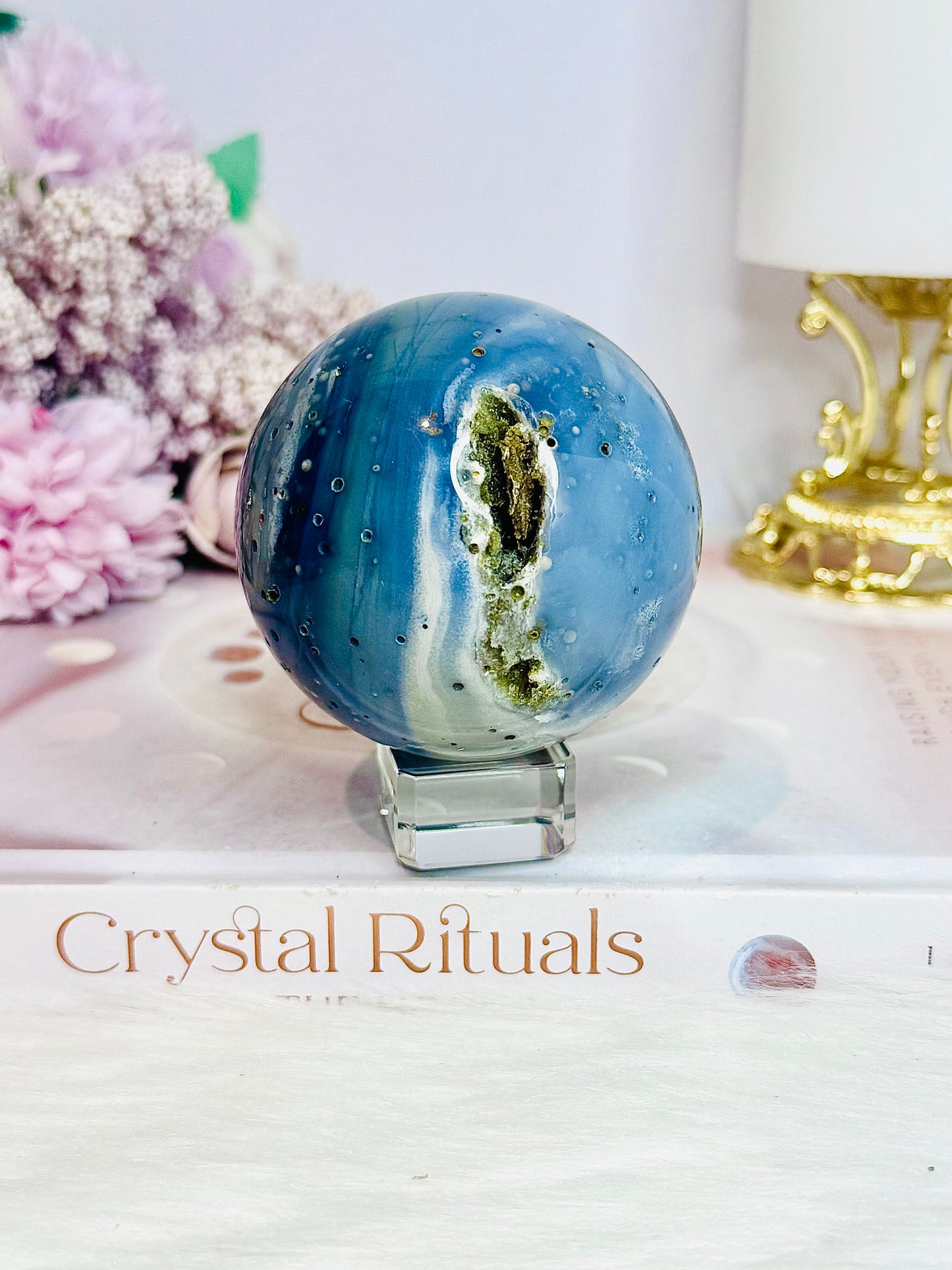 Blue Druzy Agate Sphere On Stand 308g