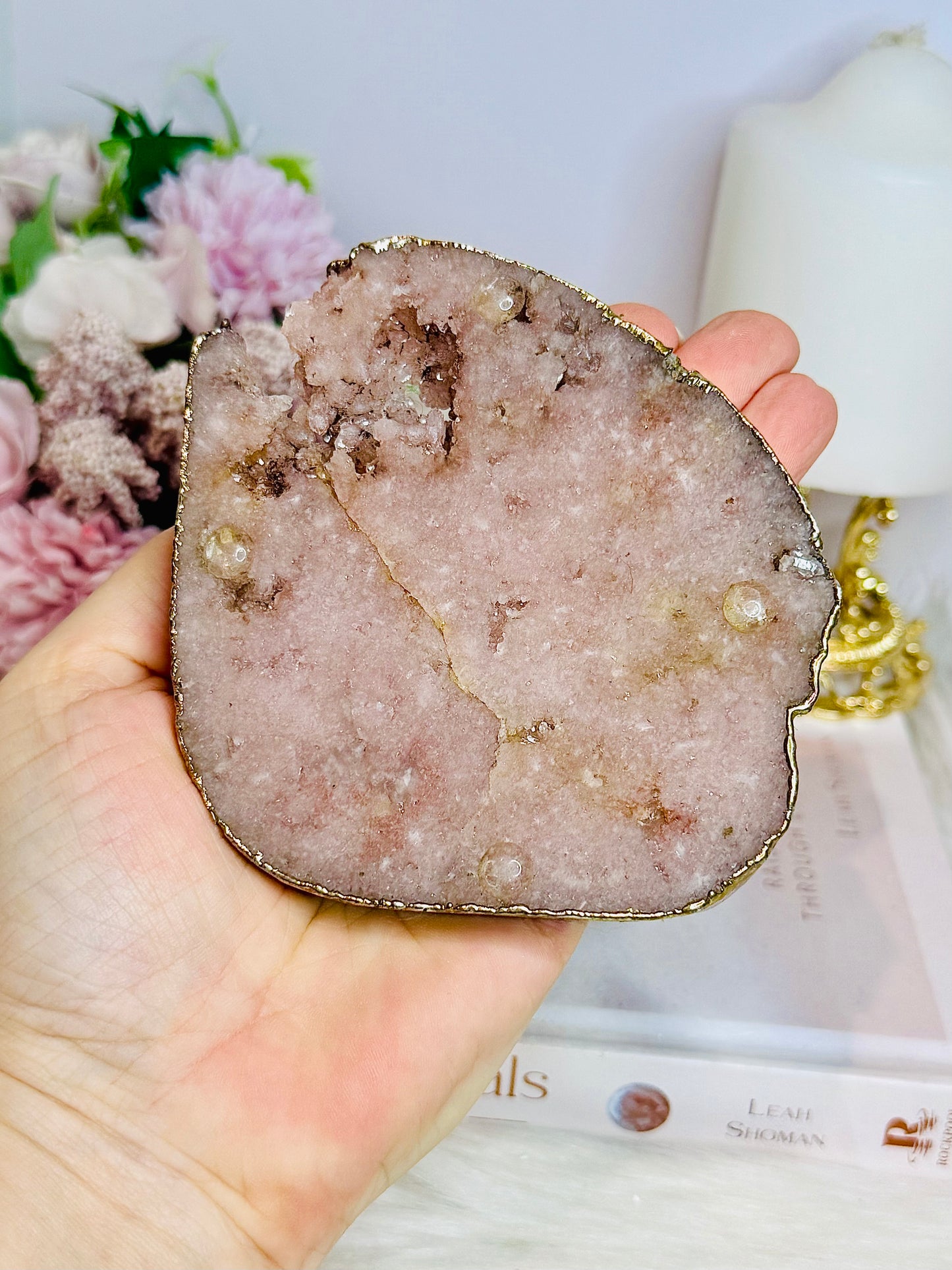 Large Pink Amethyst Druzy Chunky Coaster with Gold Plating 285g