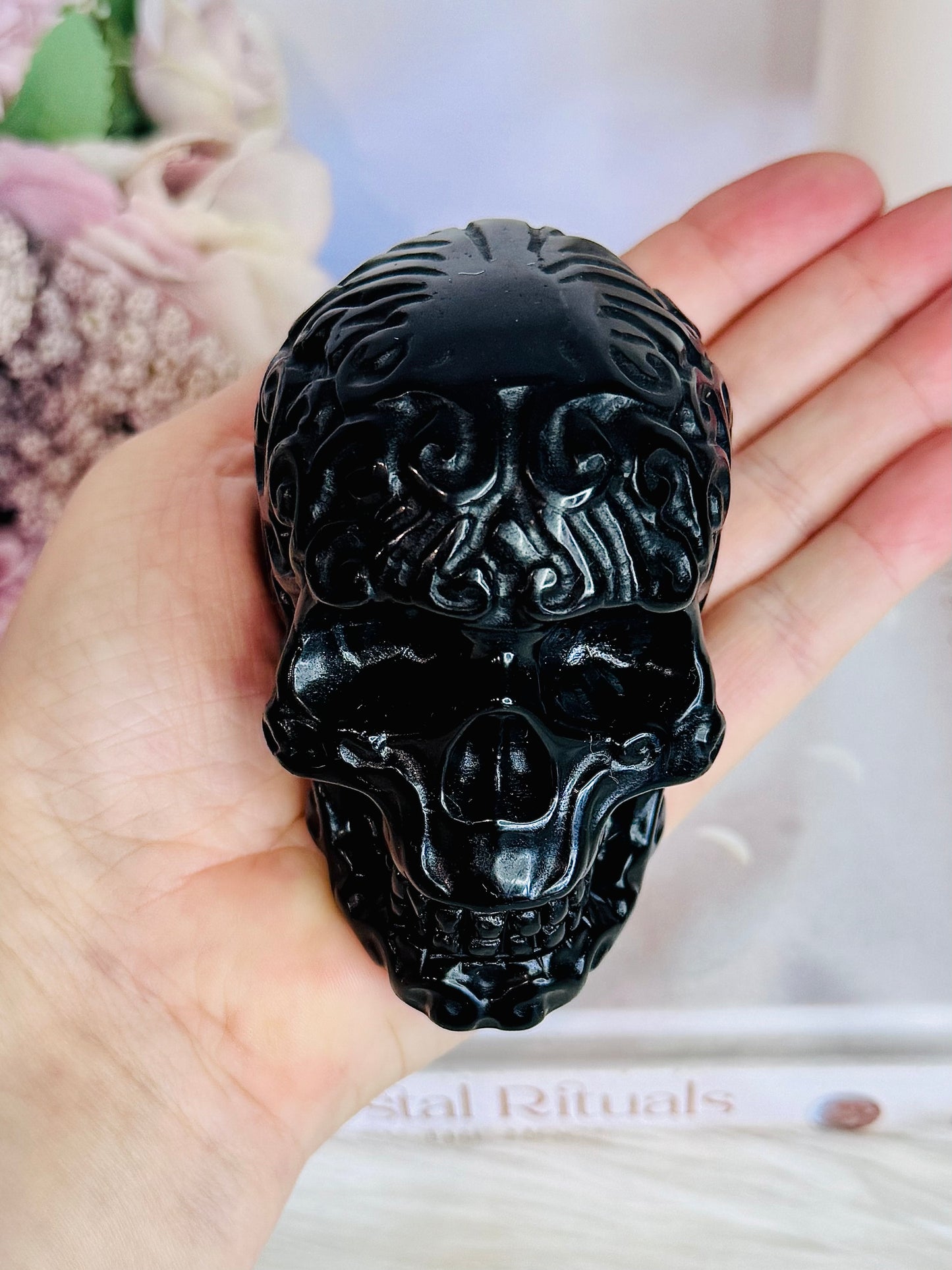 Black Obsidian Filigree Carved Skull 9cm 417g