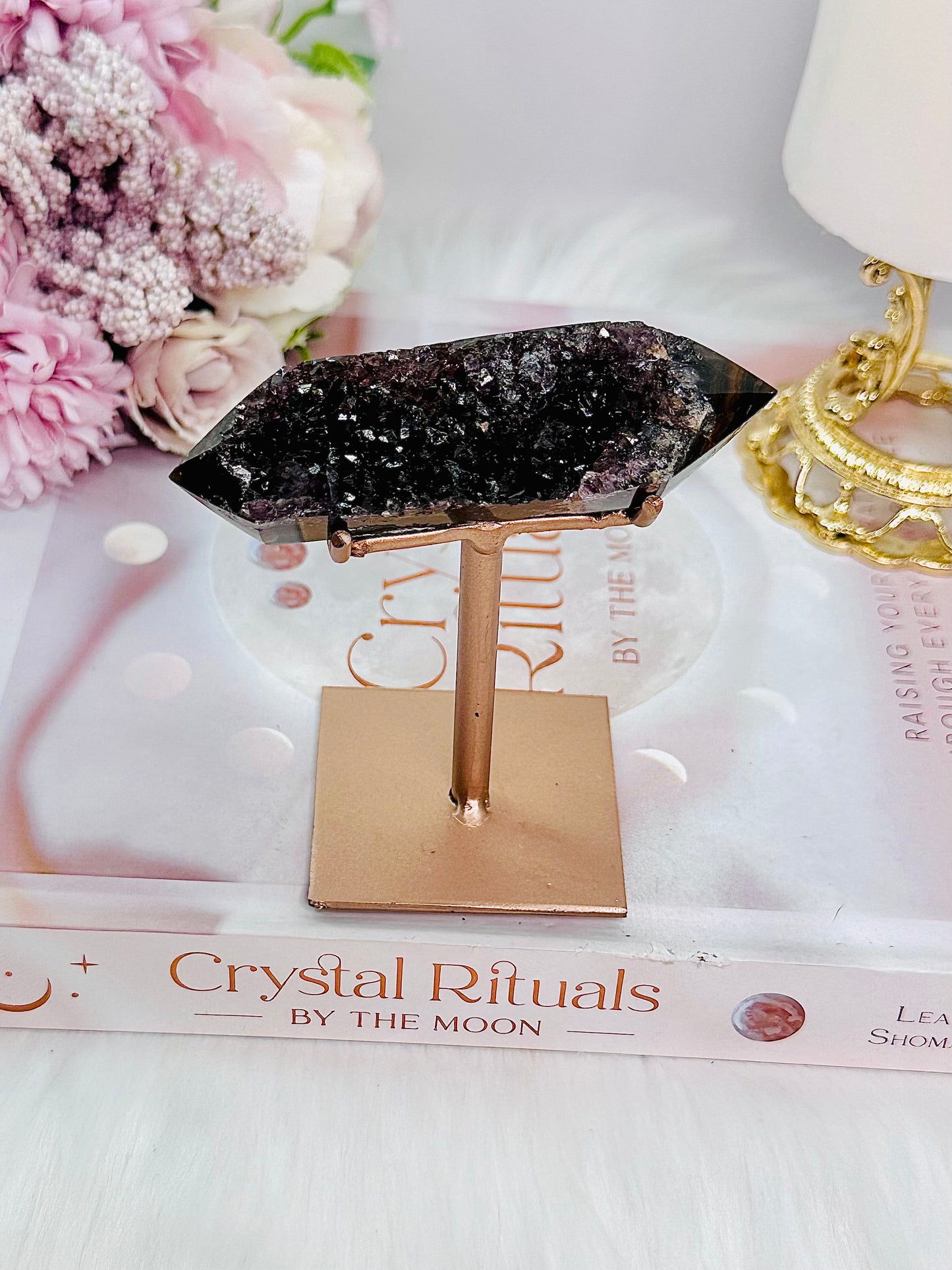 Stunning High Grade Druzy Agate Double Terminated Point On Rose Gold Stand 10cm