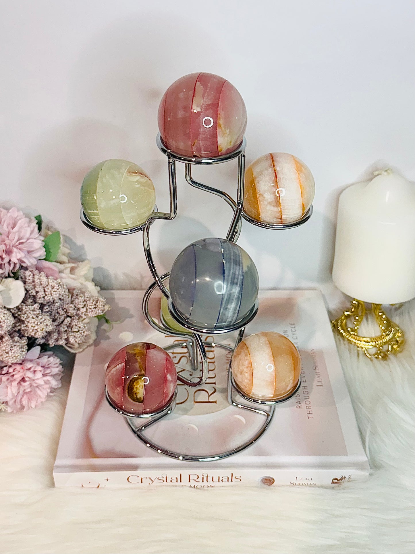 Colourful Large Silver Holder with Seven 7 Dyed Onyx Spheres