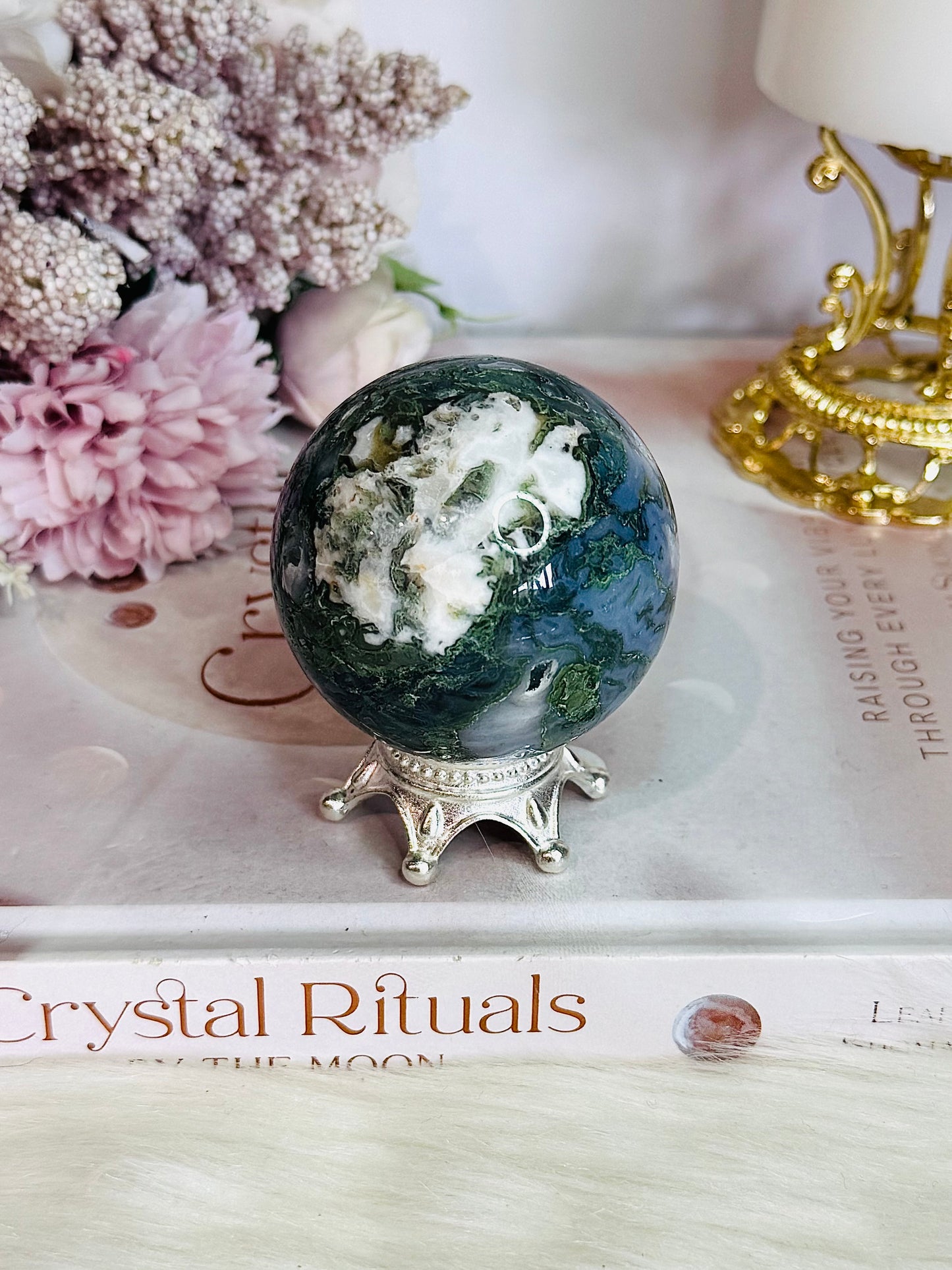 Moss Agate Sphere On Stand 301grams
