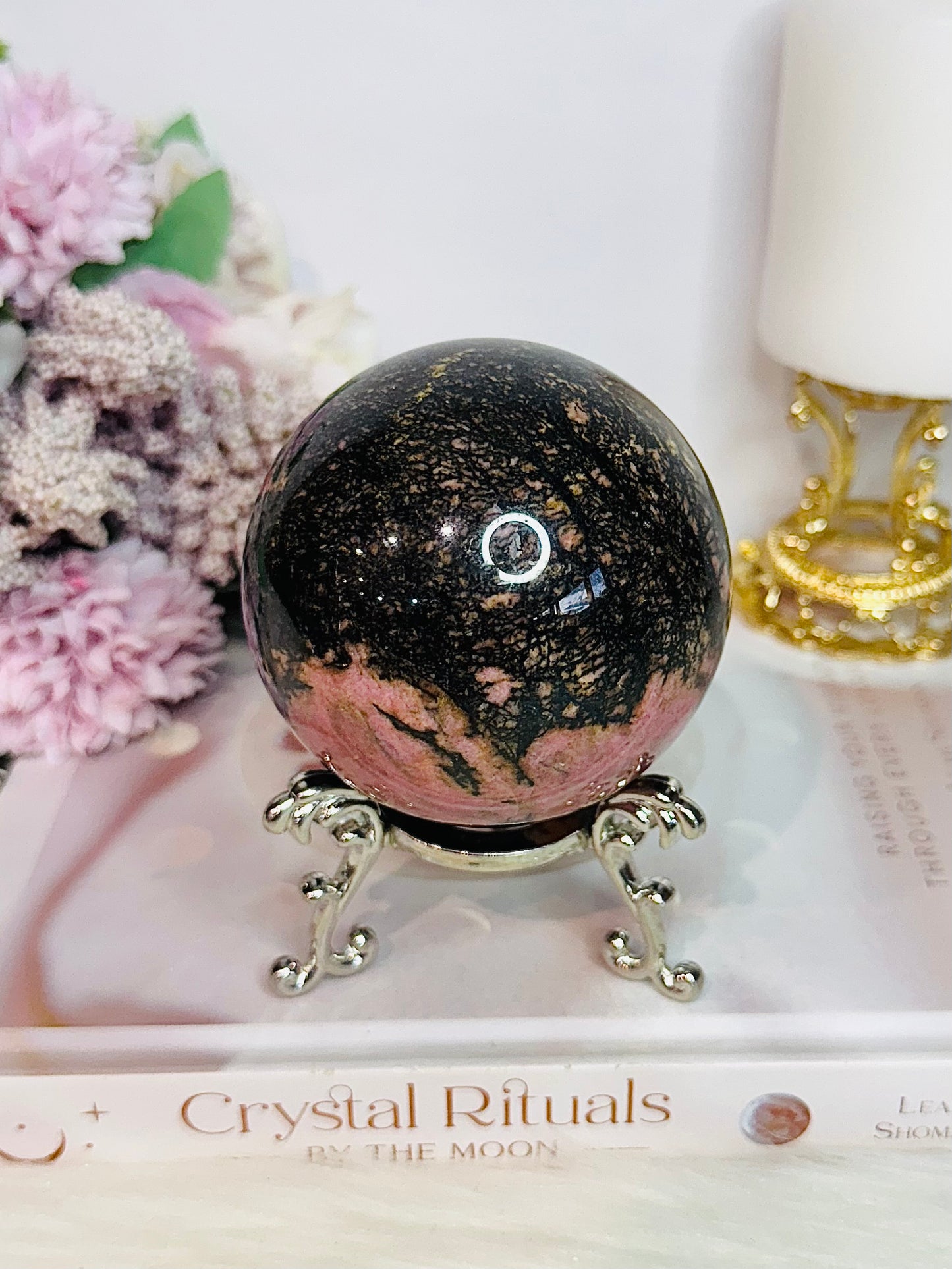 Large Rhodonite Sphere 798gram On Stand