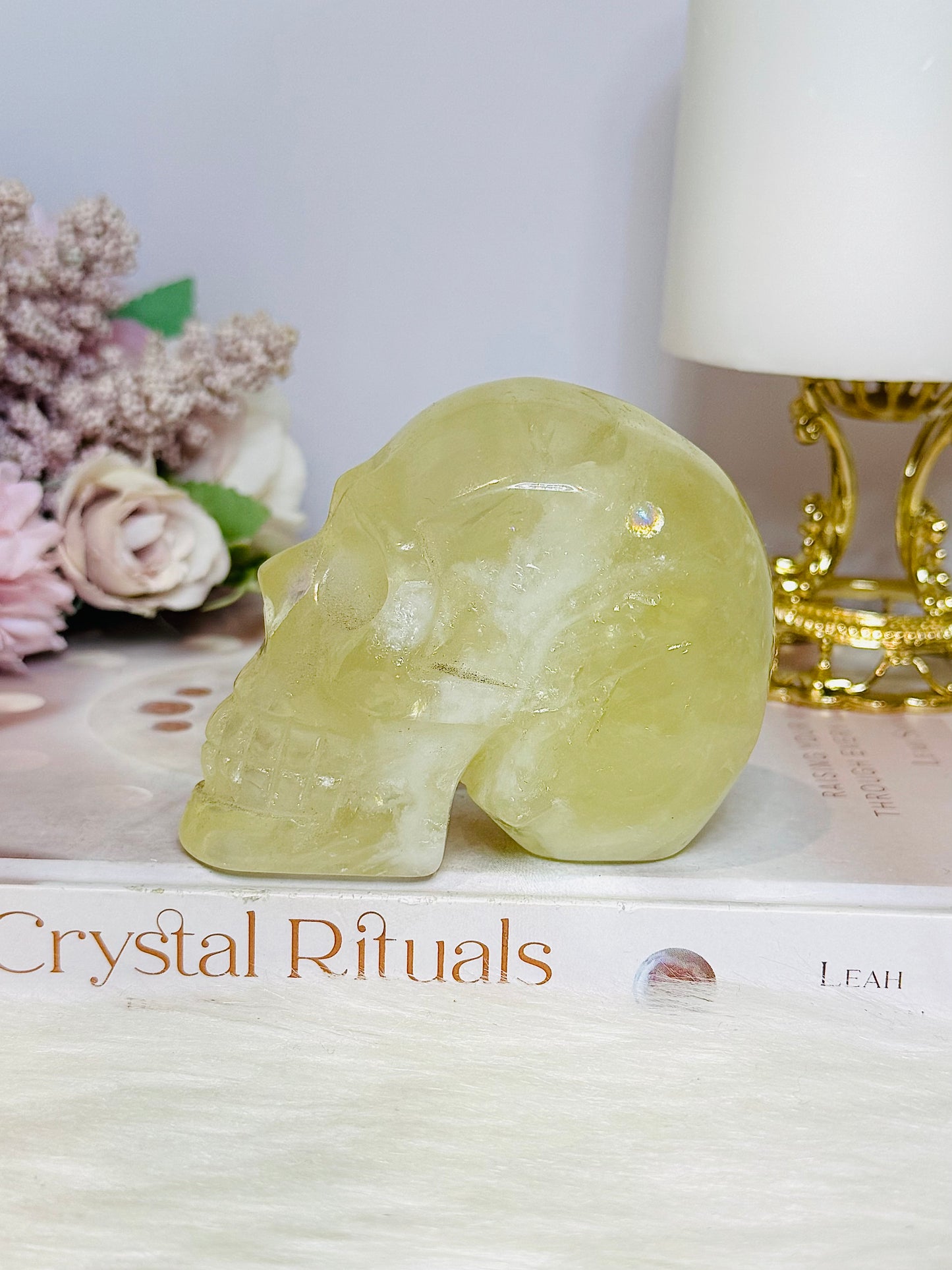 Citrine with Rainbows Carved Skull 397g 8cm