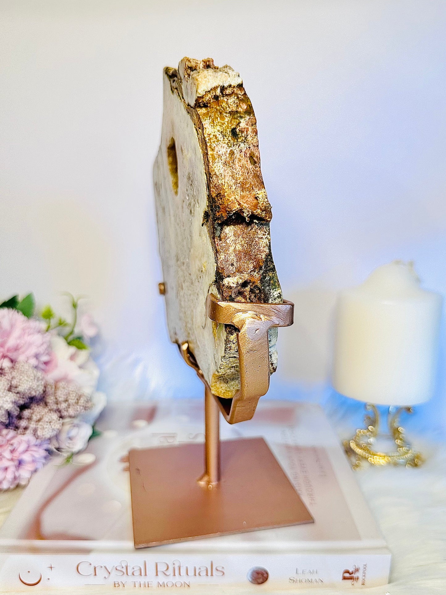 Large 23.5cm 1.5KG Druzy Pink Amethyst Slab On Rose Gold Stand