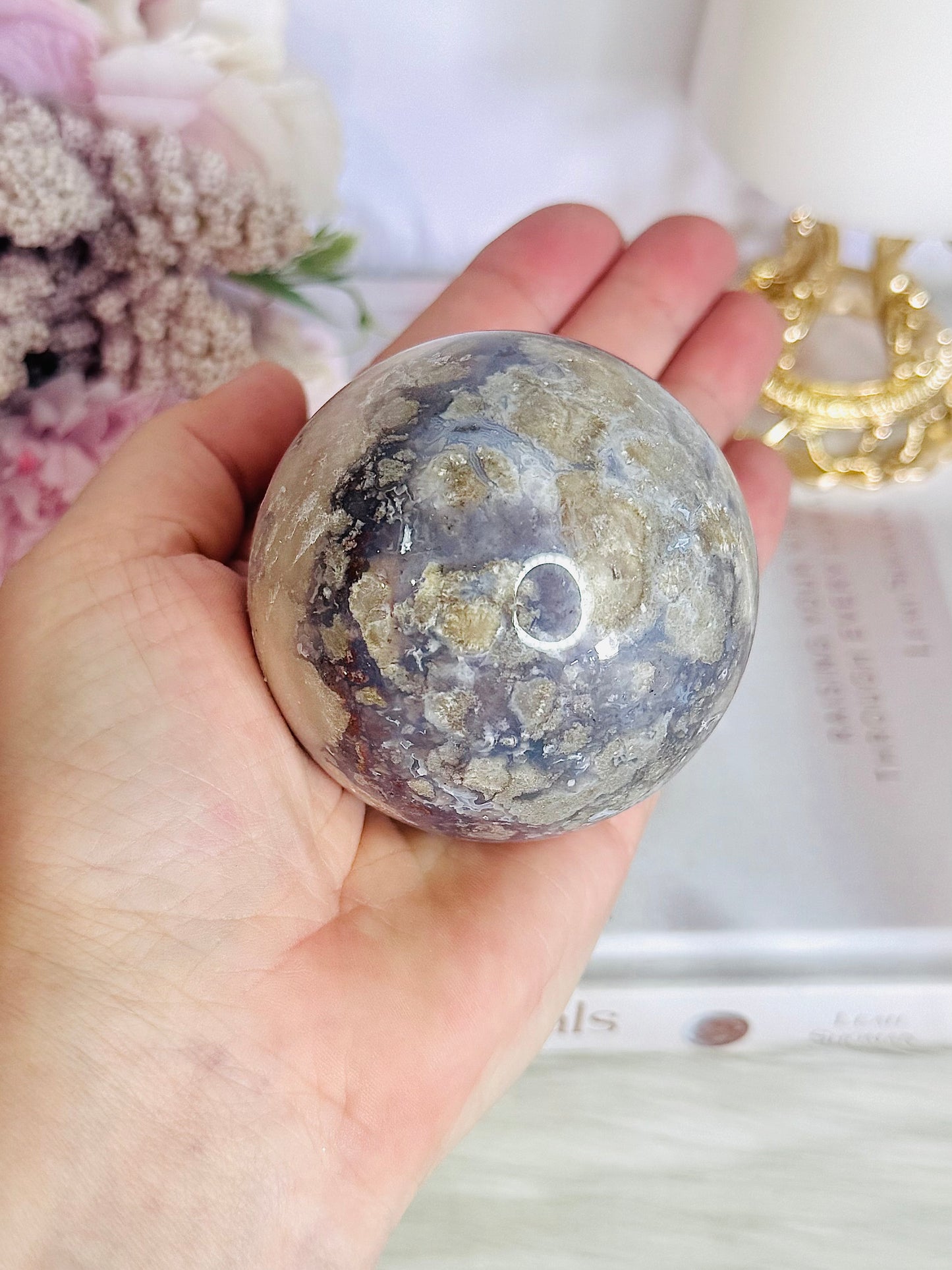 Gorgeous Natural Cherry Agate Carved Sphere On Stand 371grams