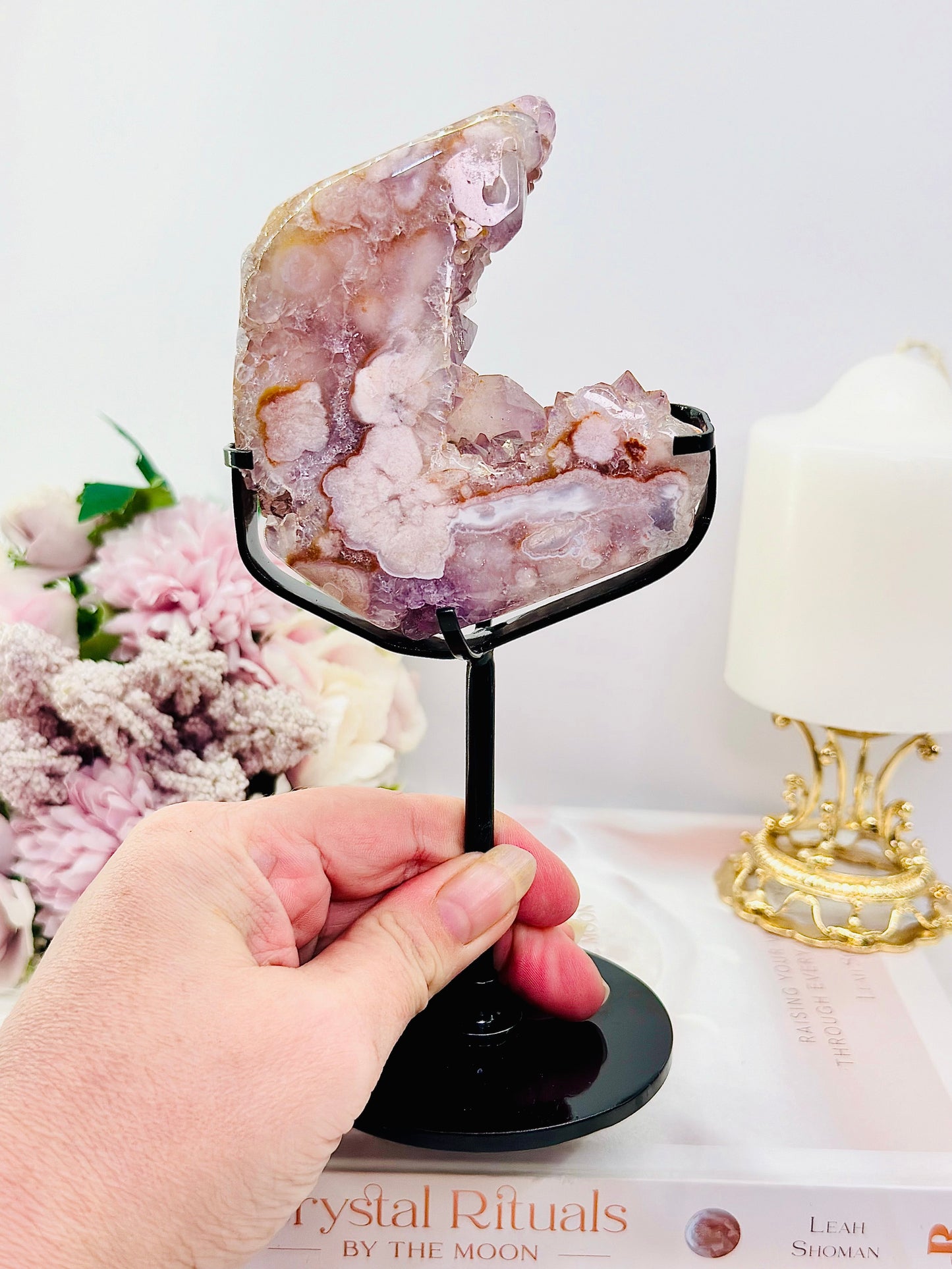 Rare Pink Amethyst X Flower Agate Druzy Natural Freeform On Stand 646g 19cm
