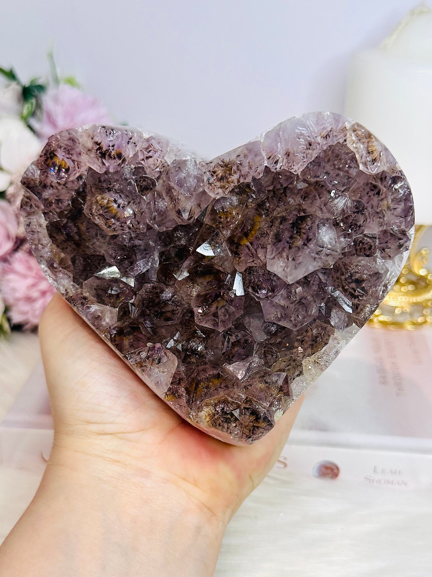 Large Natural Amethyst Carved Chunky Heart 944g with Goethite Inclusions
