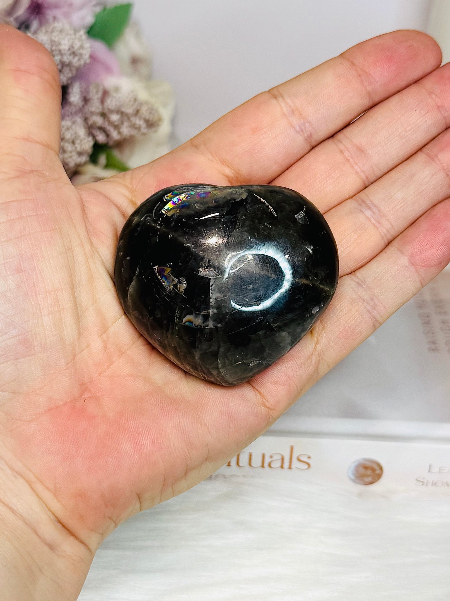 Chunky Black Moonstone Carved Heart with Rainbows 5.5cm