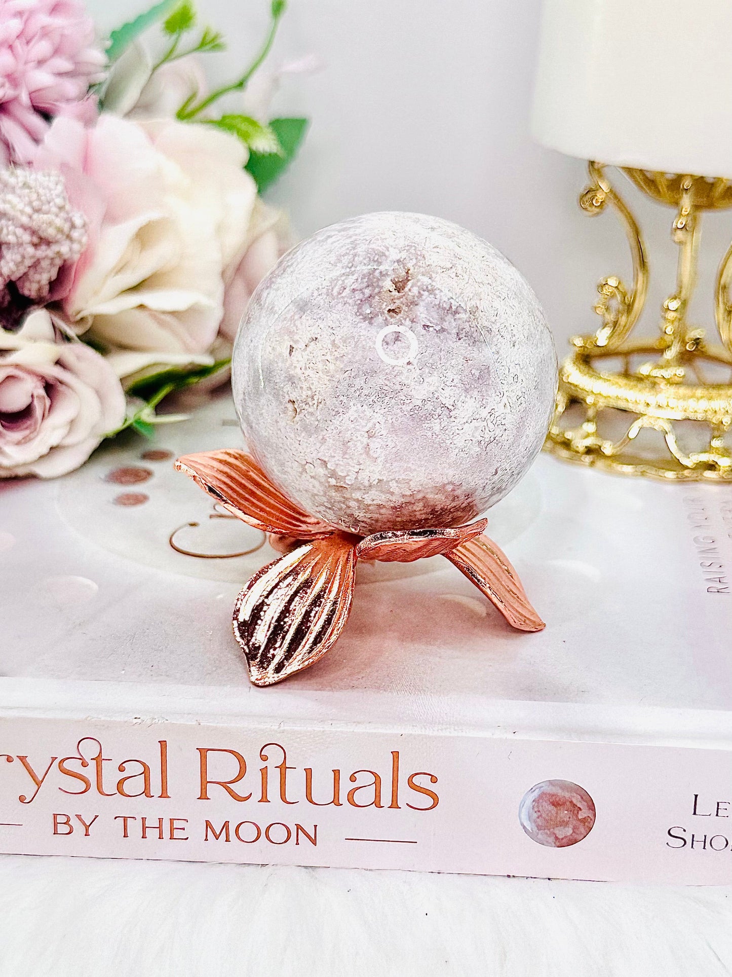 Pink Amethyst Sphere On Rose Gold Flower Stand 207grams