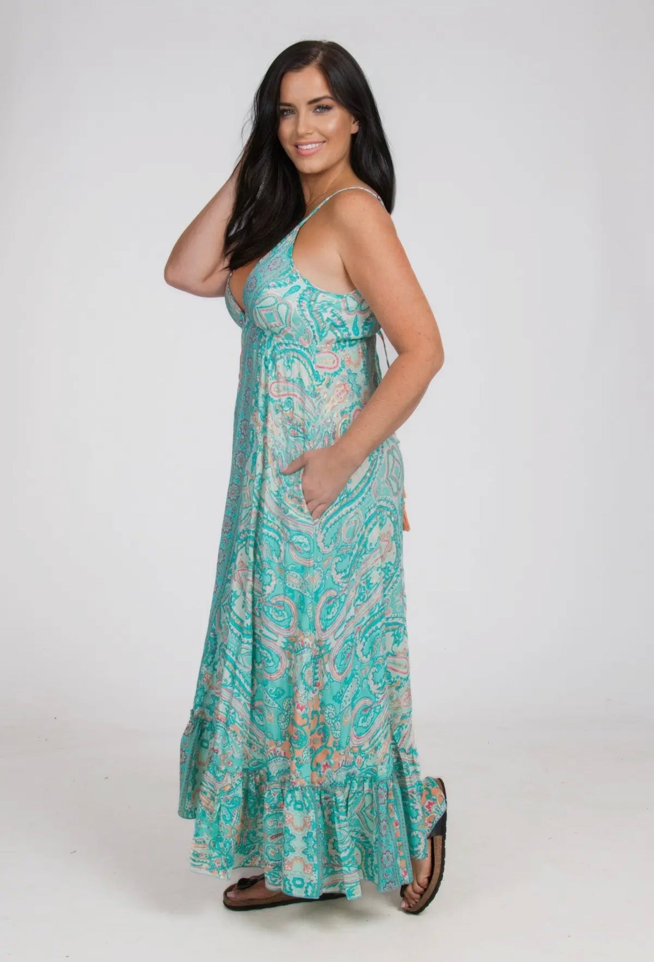 Long Boho Silk Strappy Dress with Pockets One Size