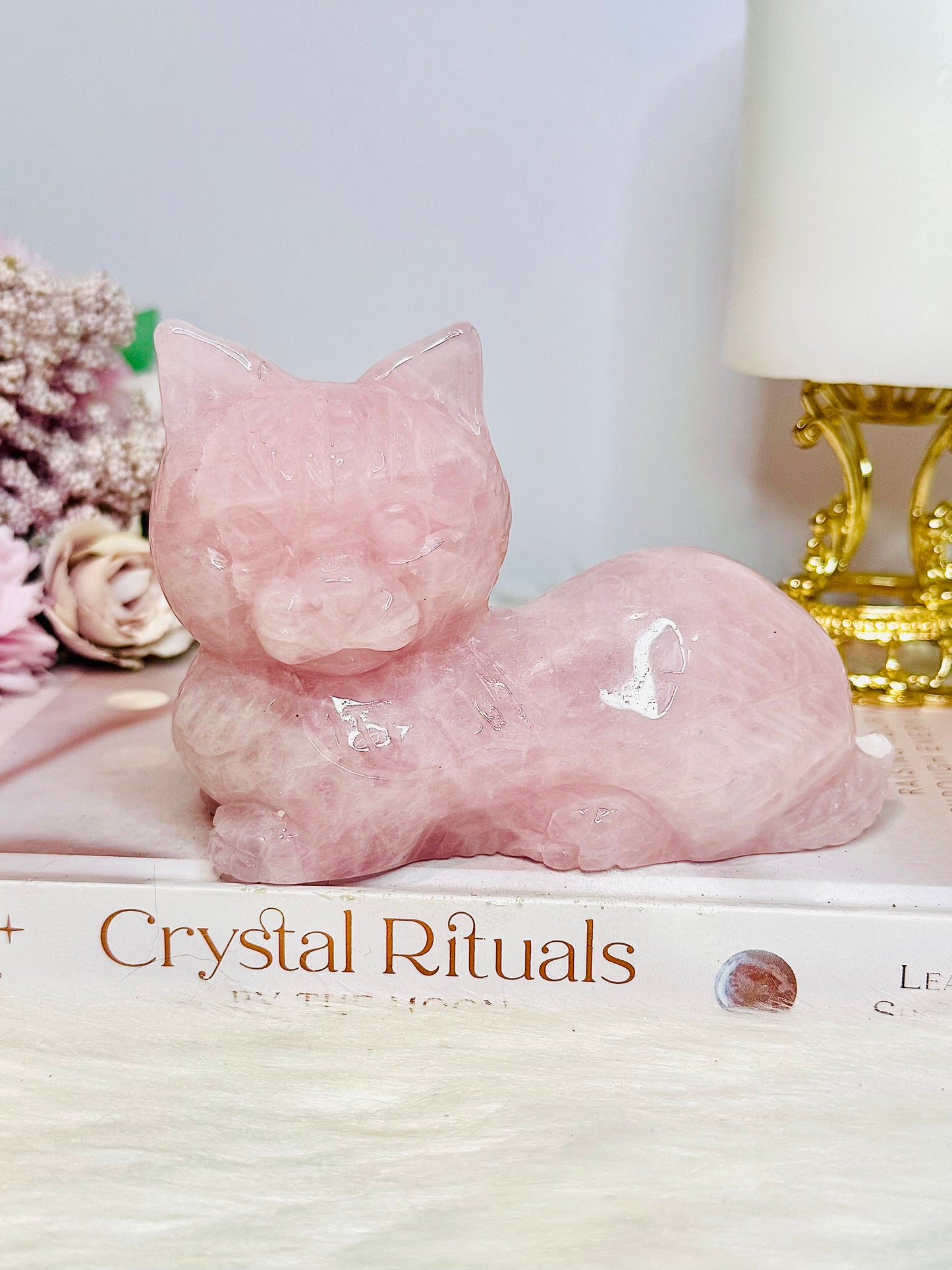 Large Rose Quartz Carved Cat 11cm 488g (Small Chip On Tail)