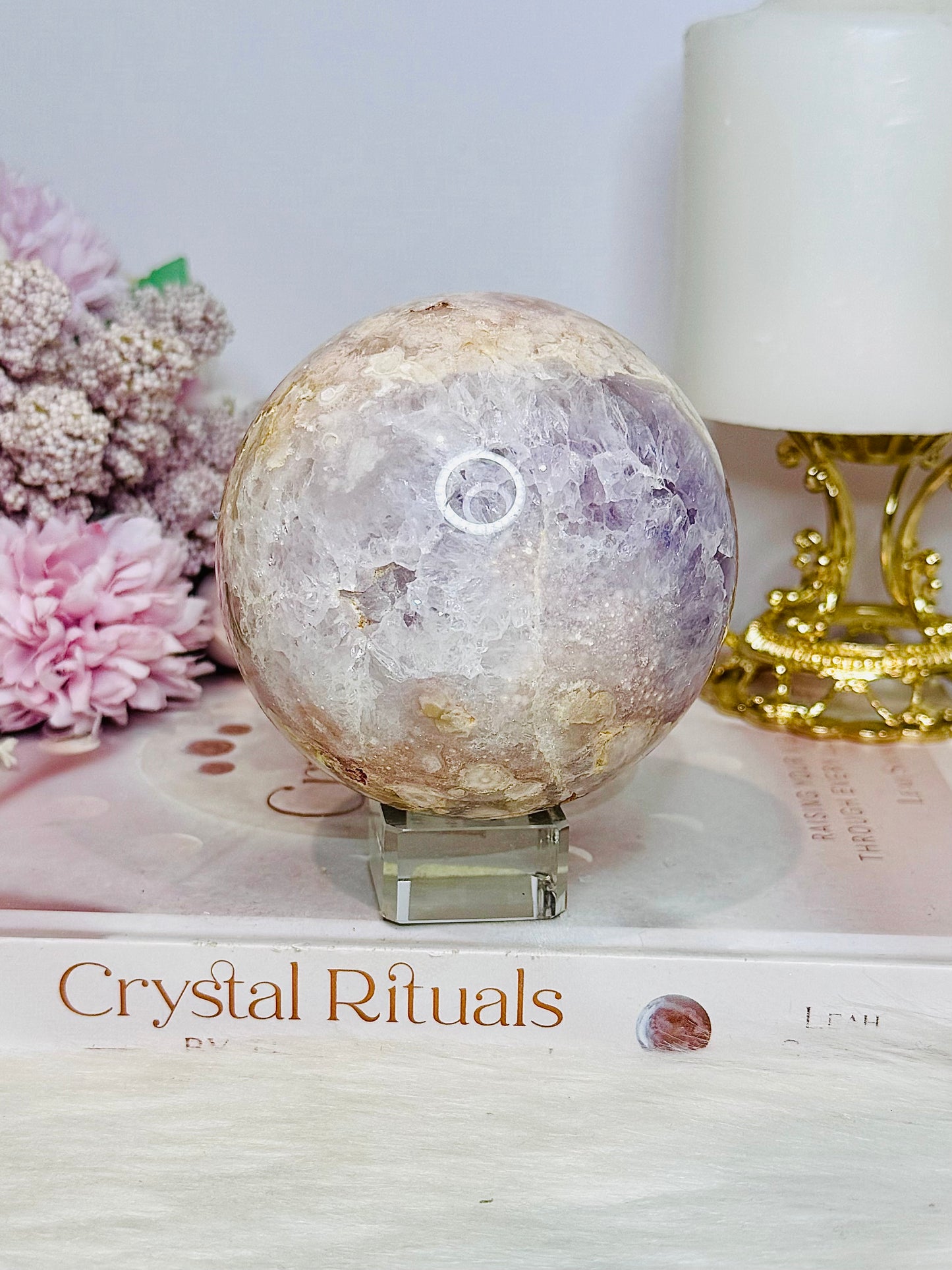 Large Rare Amethyst X Flower Agate Sphere On Stand 710g