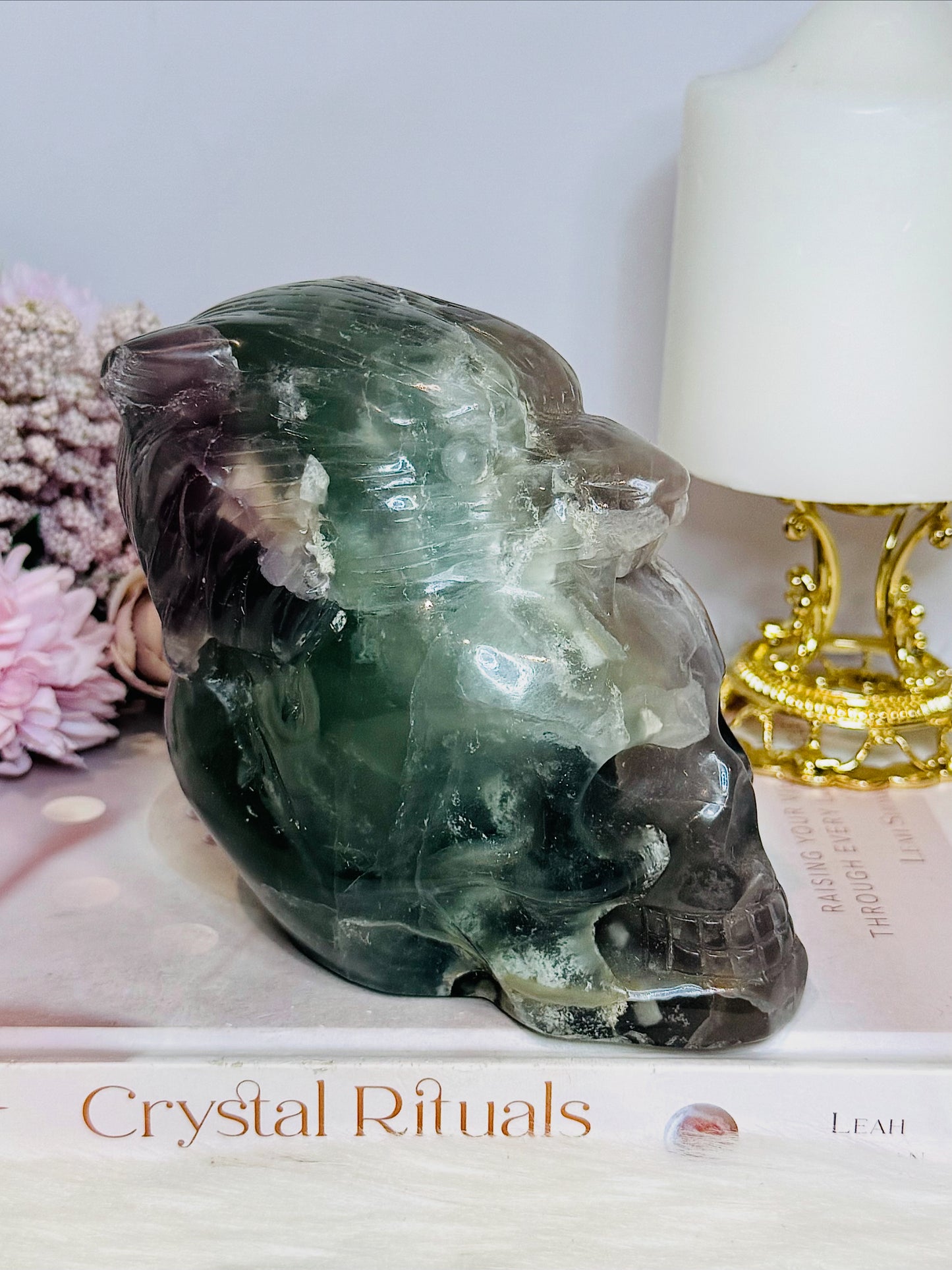 Large Fluorite Carved Skull with Bear Head 1.68KG
