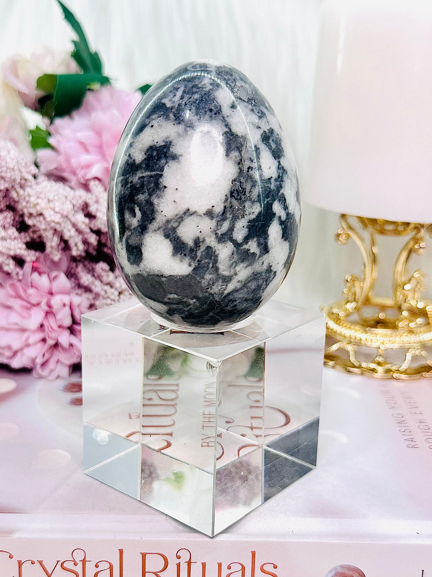 Grey Jasper Polished & Carved Egg On Stand 287gram (glass stand in pic is display only)