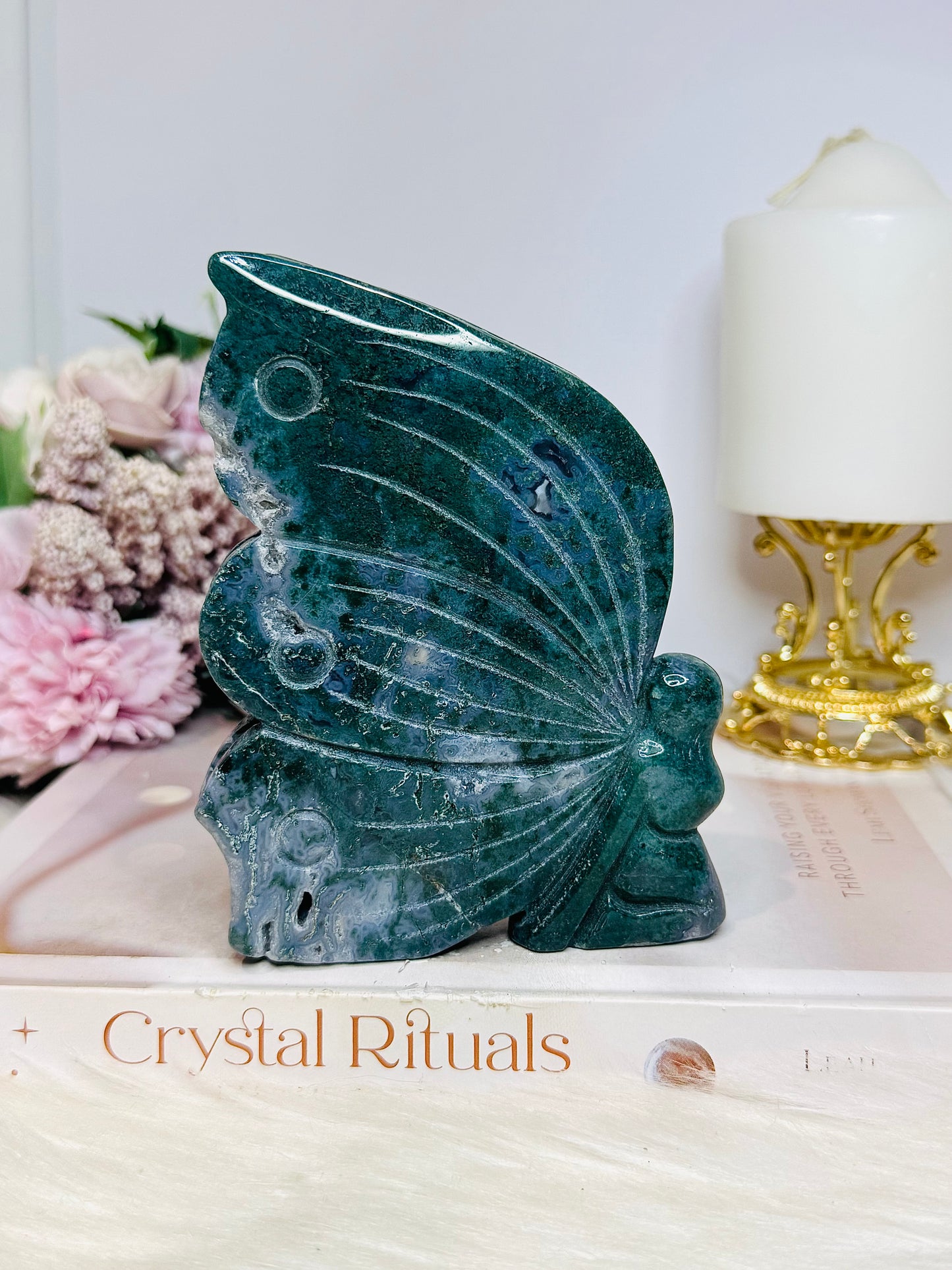 Large Moss Agate Druzy Fairy Carving 11cm