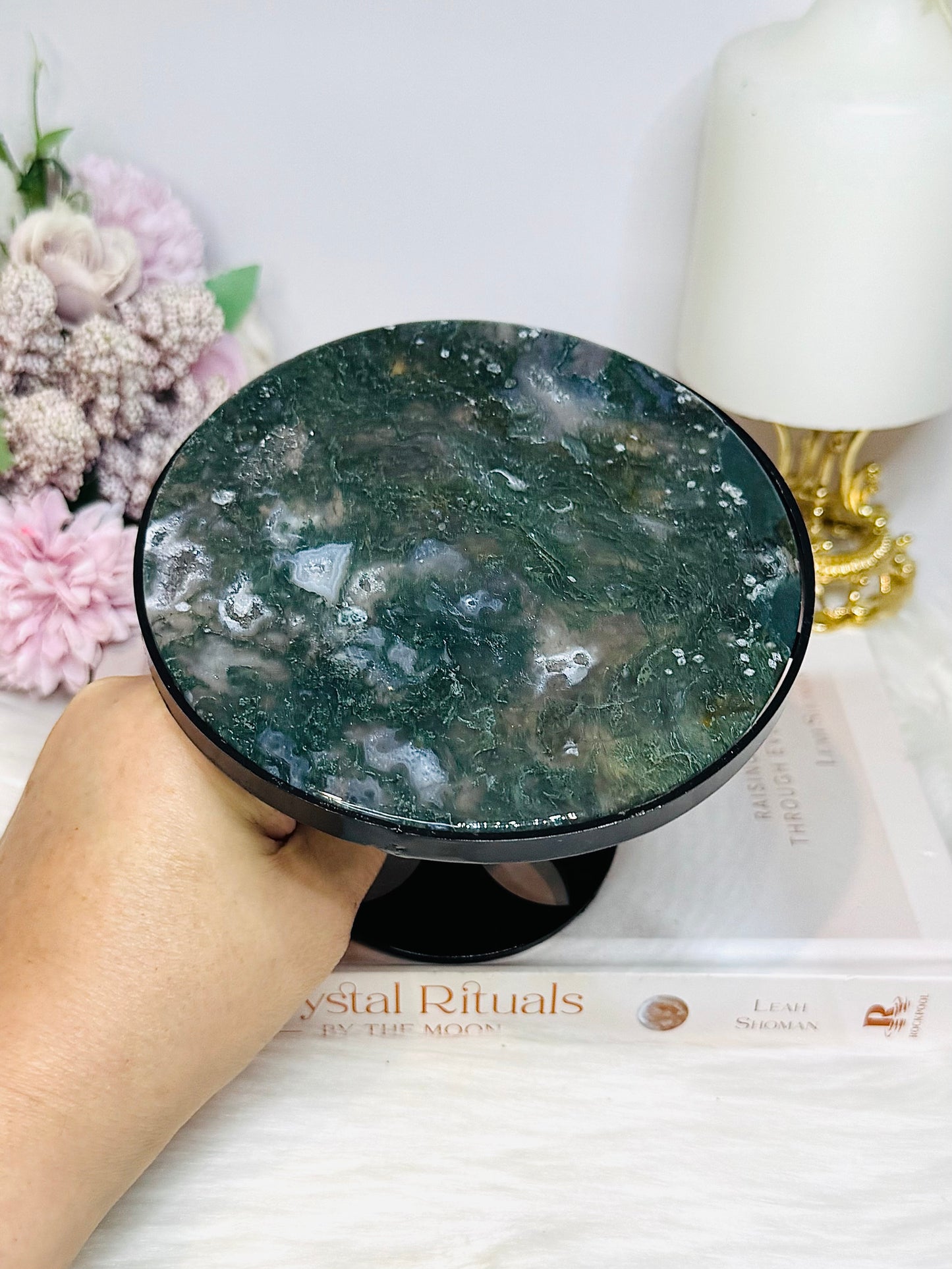 Moss Agate Druzy Spinning Top Table H:10cm W:12cm