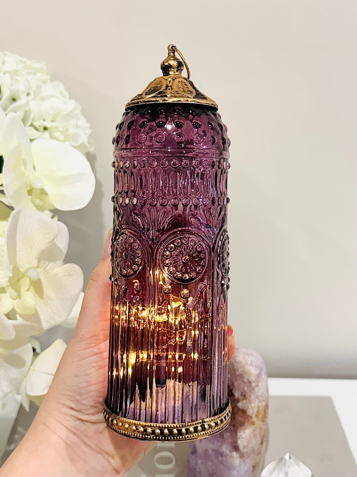 Glass Lantern Led Baroque Plum 22.5cm