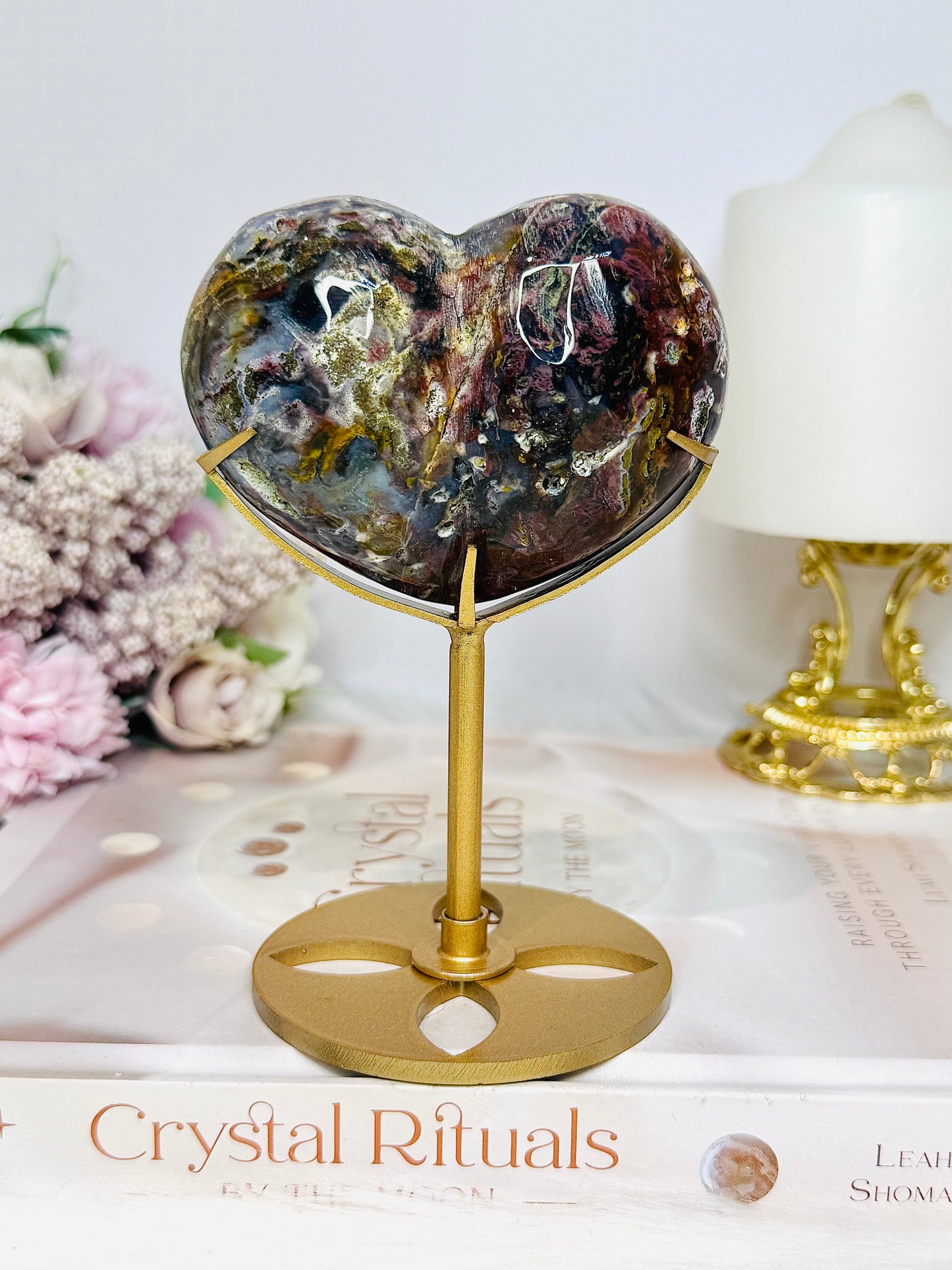 Large High Grade Ocean Jasper Peach Heart on Stand 12cm