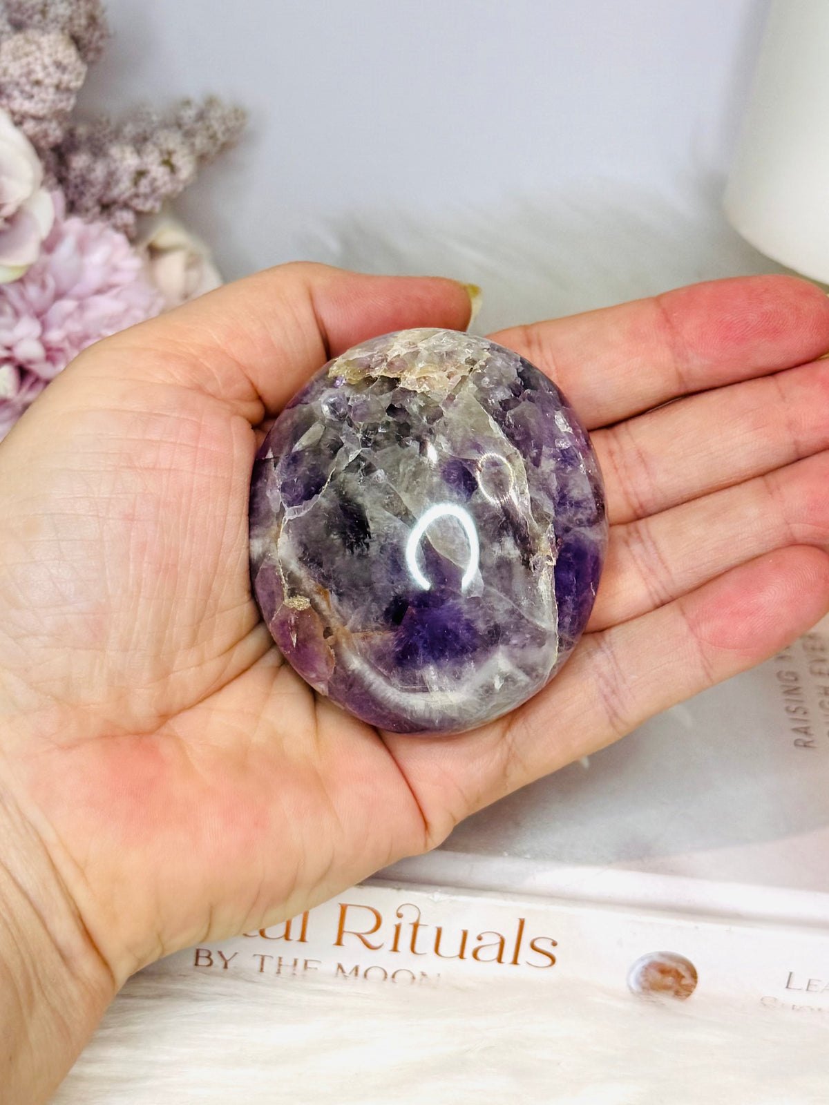Large Chevron Amethyst Palm Stone (stand is display only)