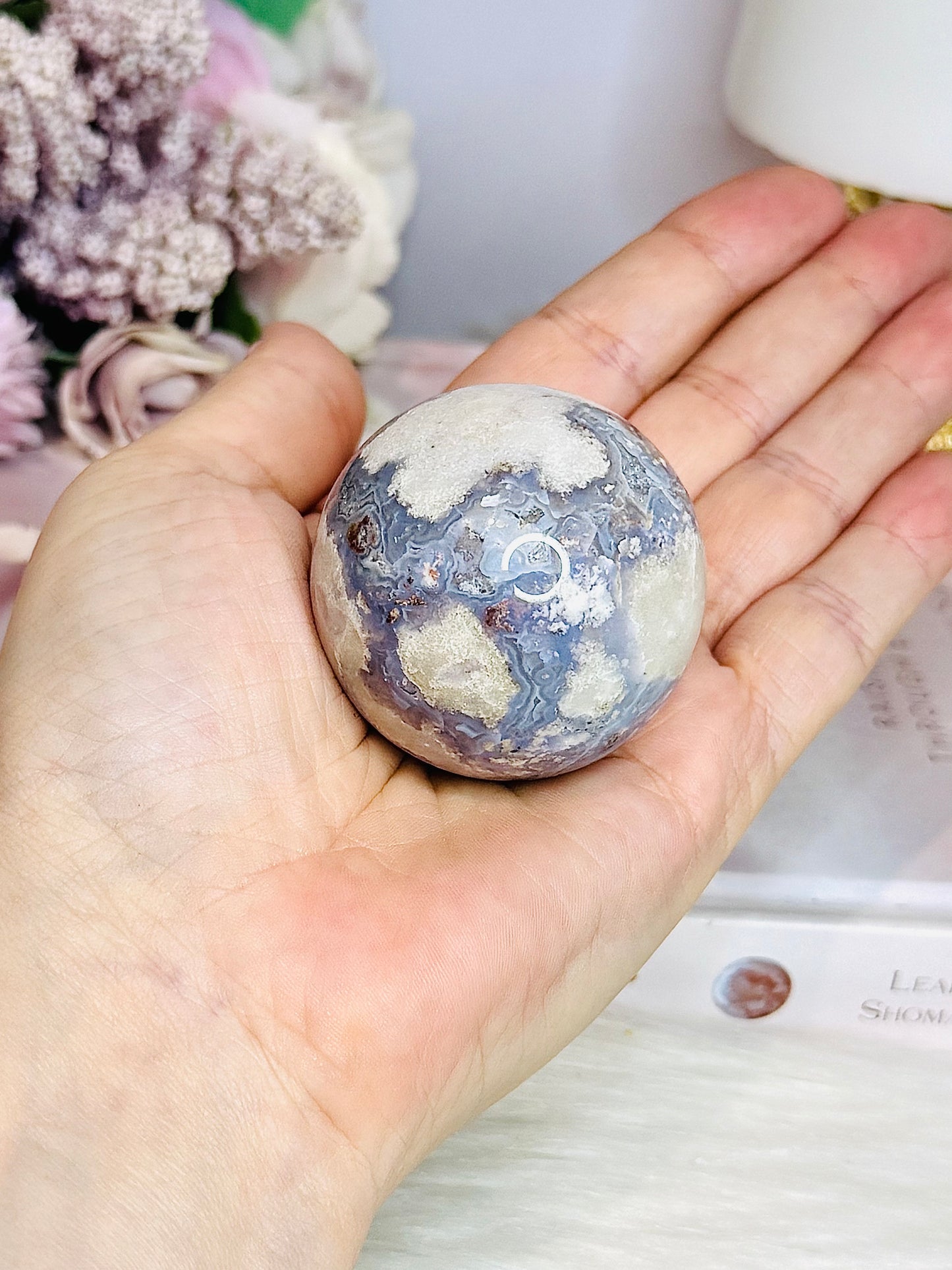 Rare Blue Flower Agate Sphere on Stand 152g