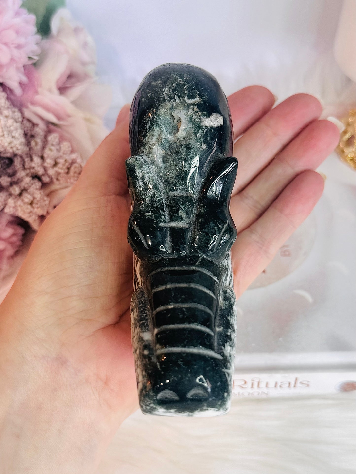 Beautiful Large Green Moss Agate Carved Hippopotamus 14cm 475grams