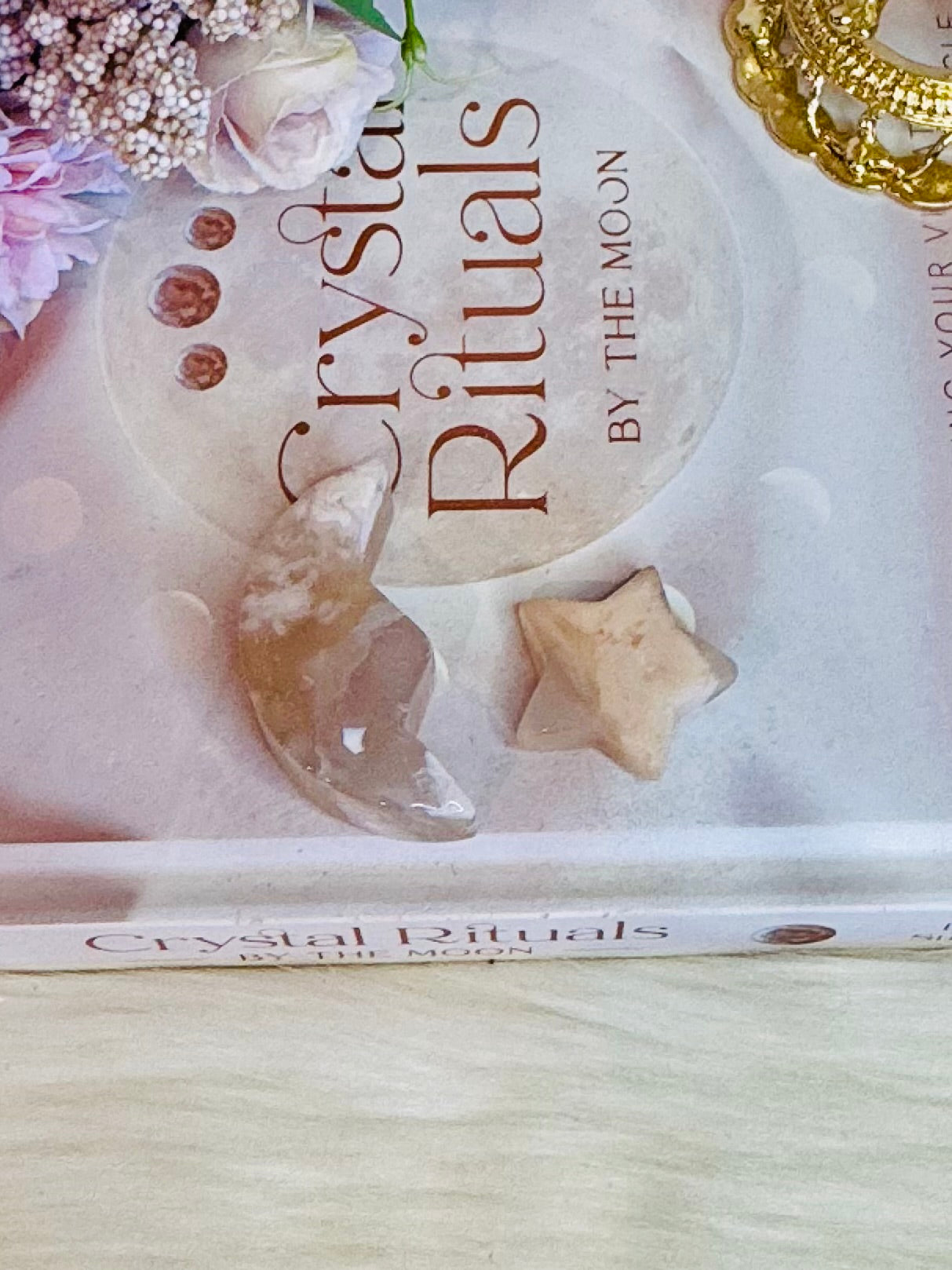 Flower Agate Carved Moon & Star