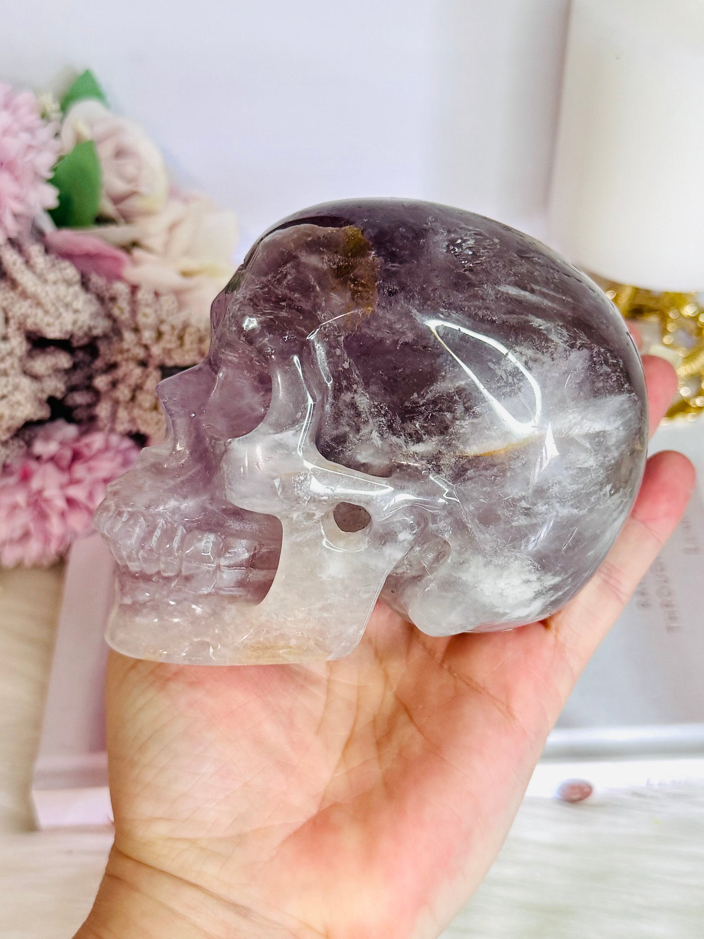 Huge 991gram High Grade Amethyst Carved Skull with Rainbows