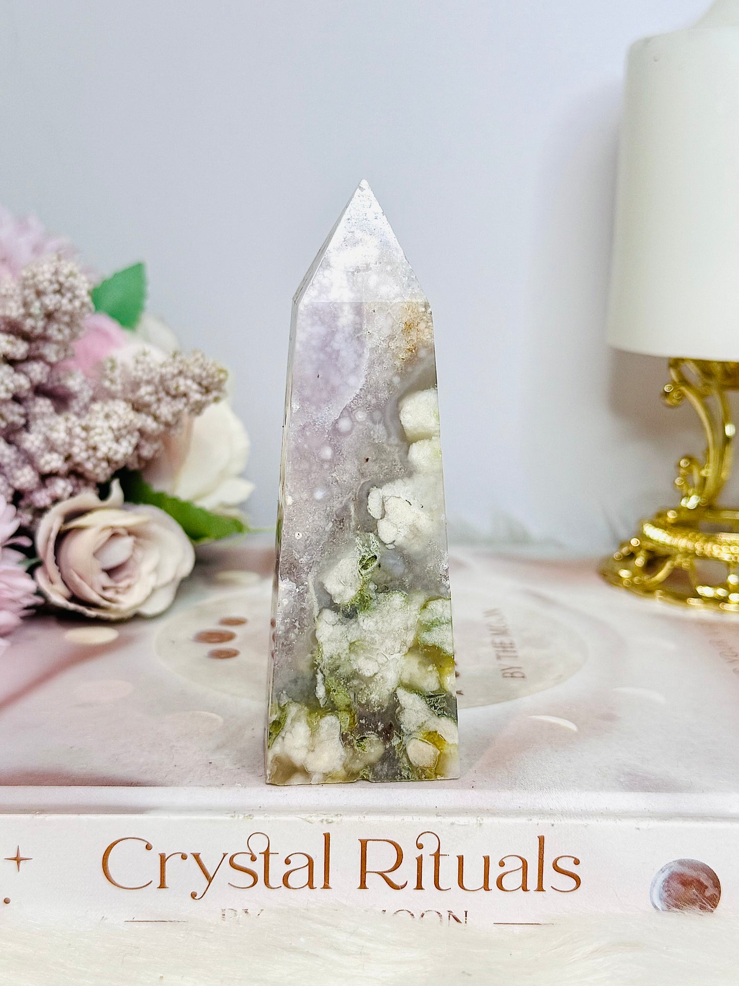 Pink Amethyst X Green Flower Agate Tower 10cm