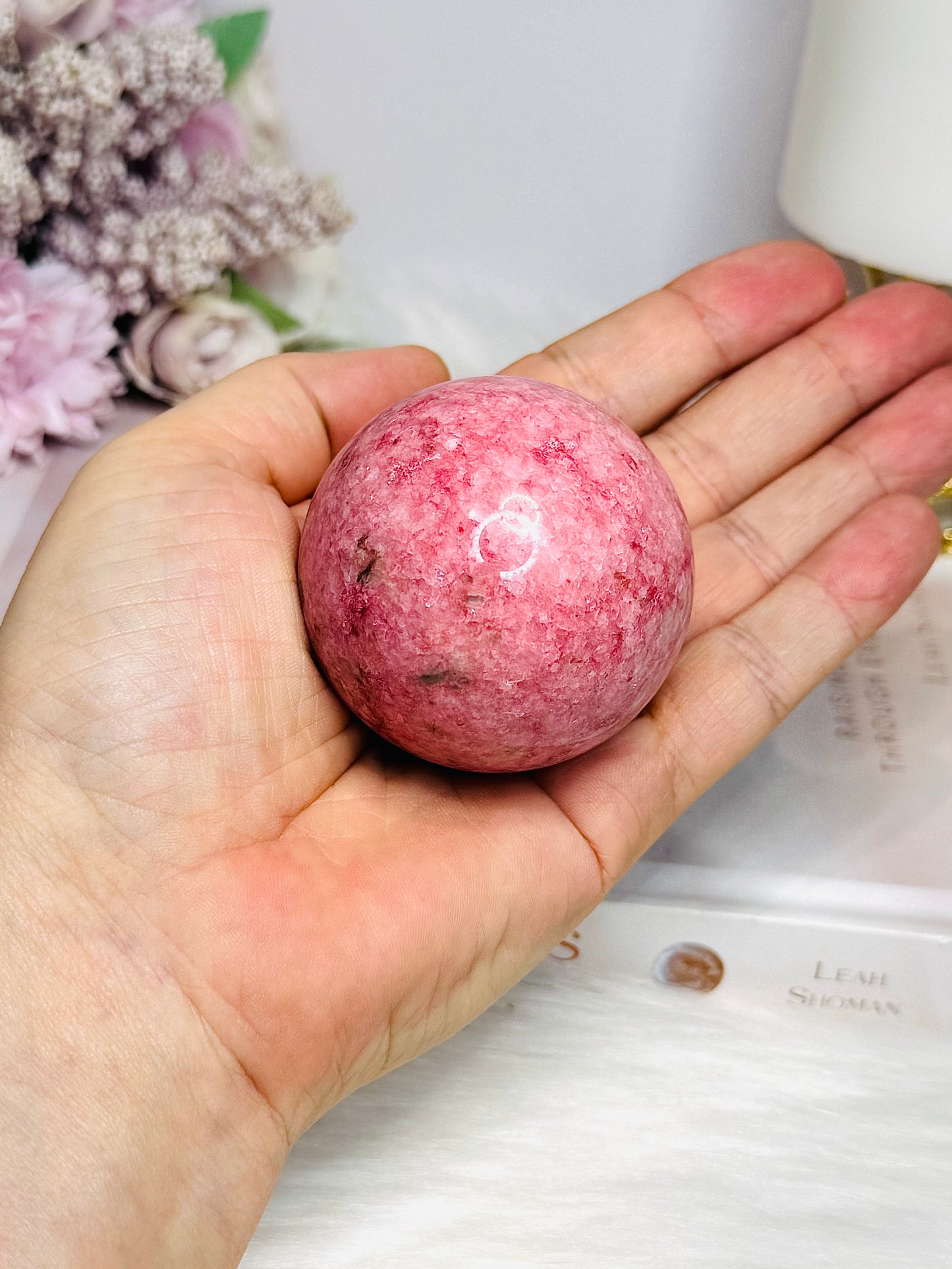 Thulite Sphere with Epidote 208g On Stand