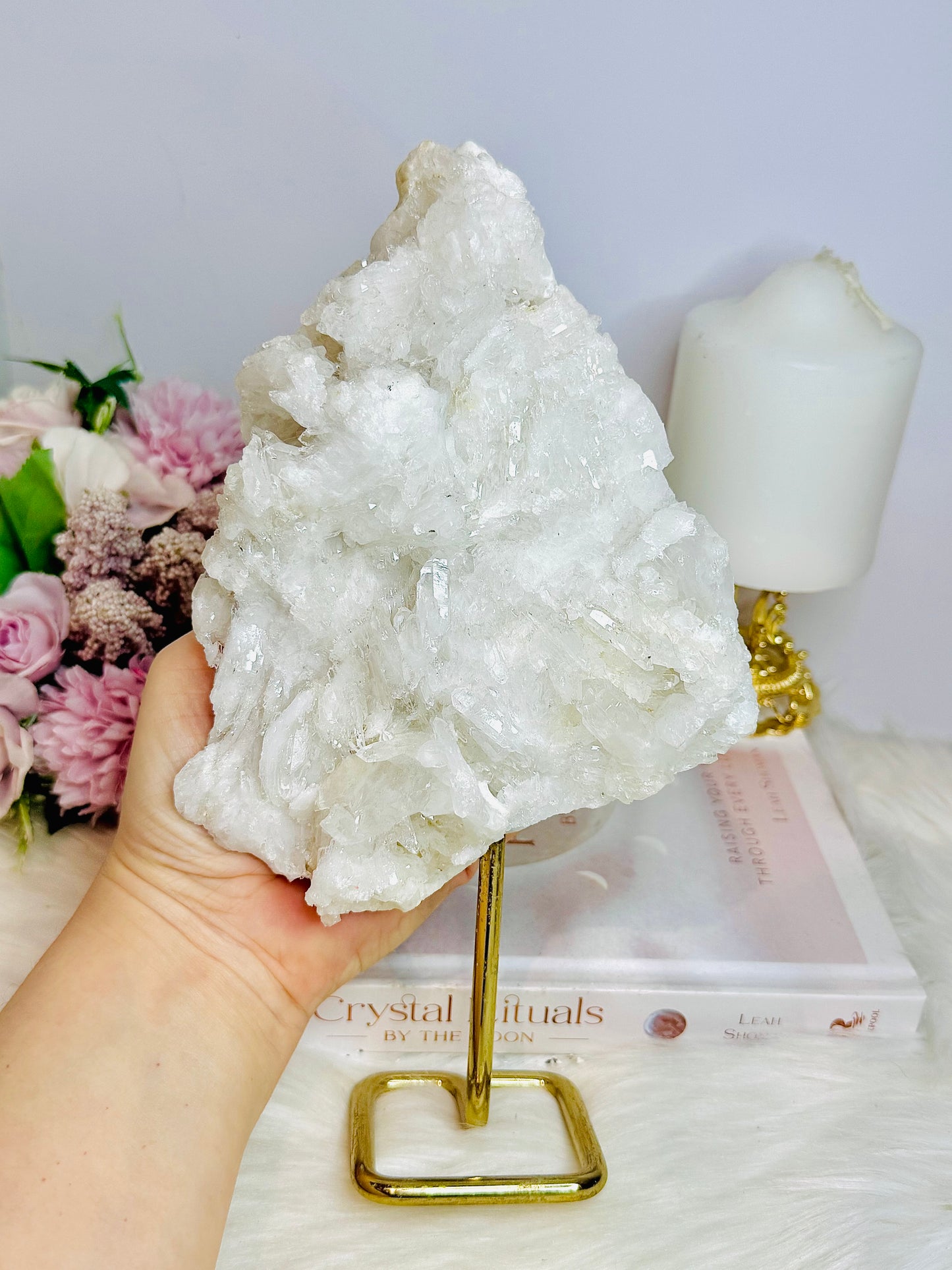 Large Natural Clear Quartz Specimen On Gold Stand 25cm 1.18KG