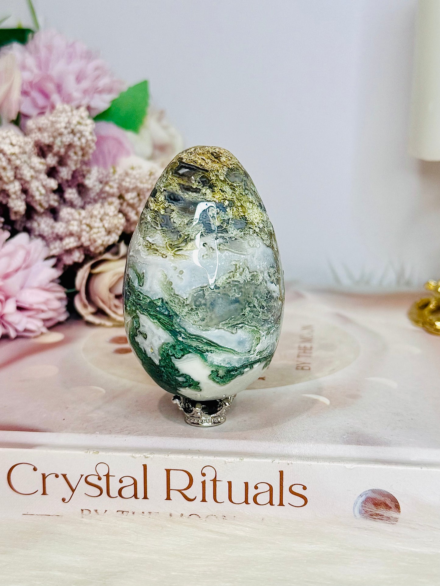 Moss Agate Druzy Egg On Stand 160g