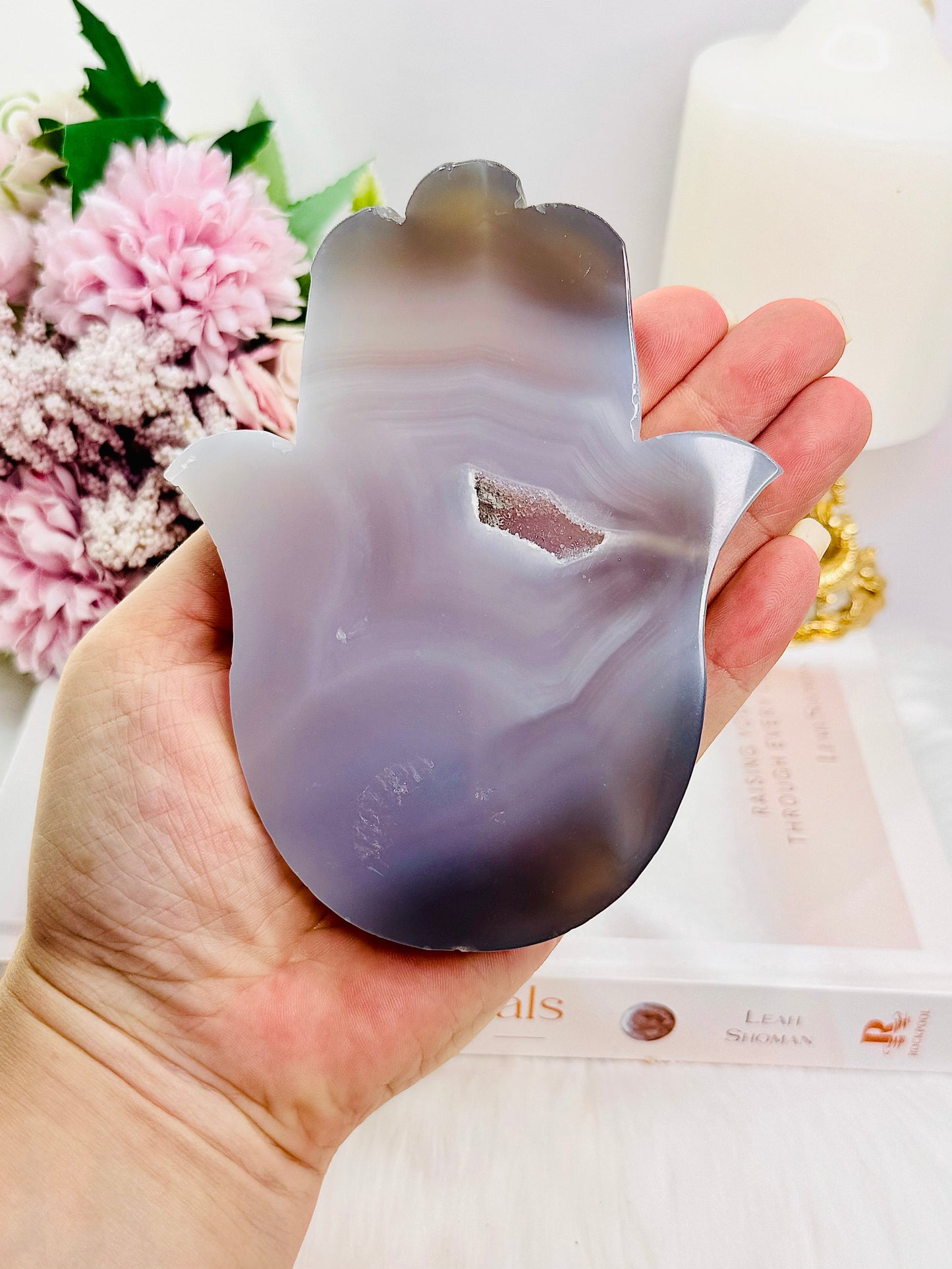 Large Chunky Druzy Agate Carved Hamsa Hand 12cm 276grams