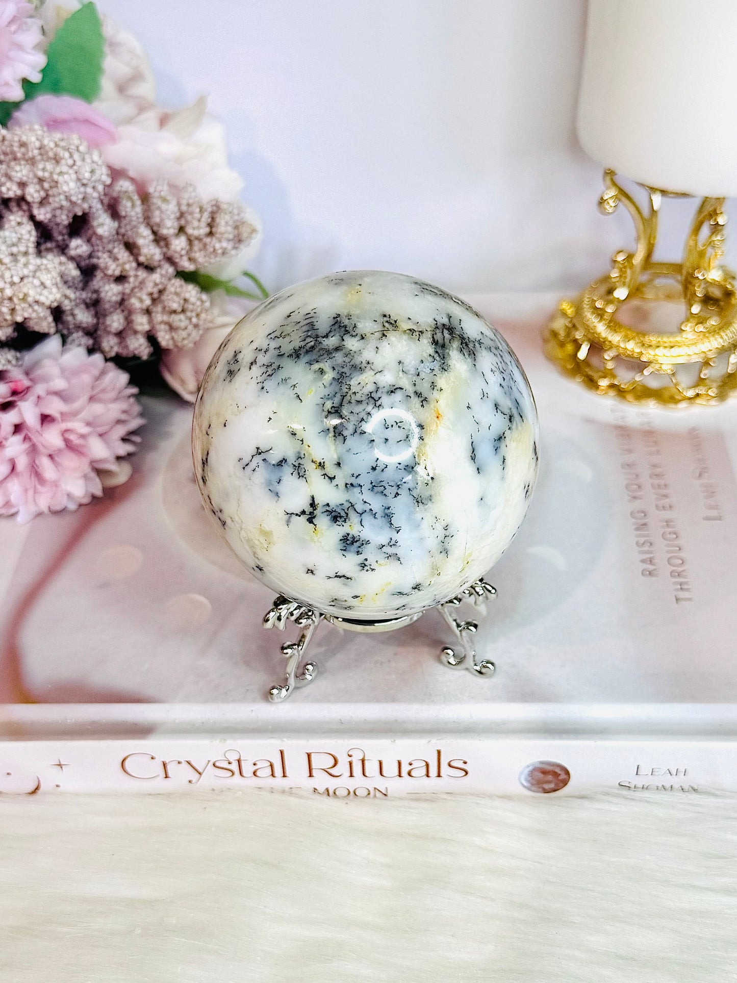 Large 404gram Dentrictic Opal Sphere On Silver Stand