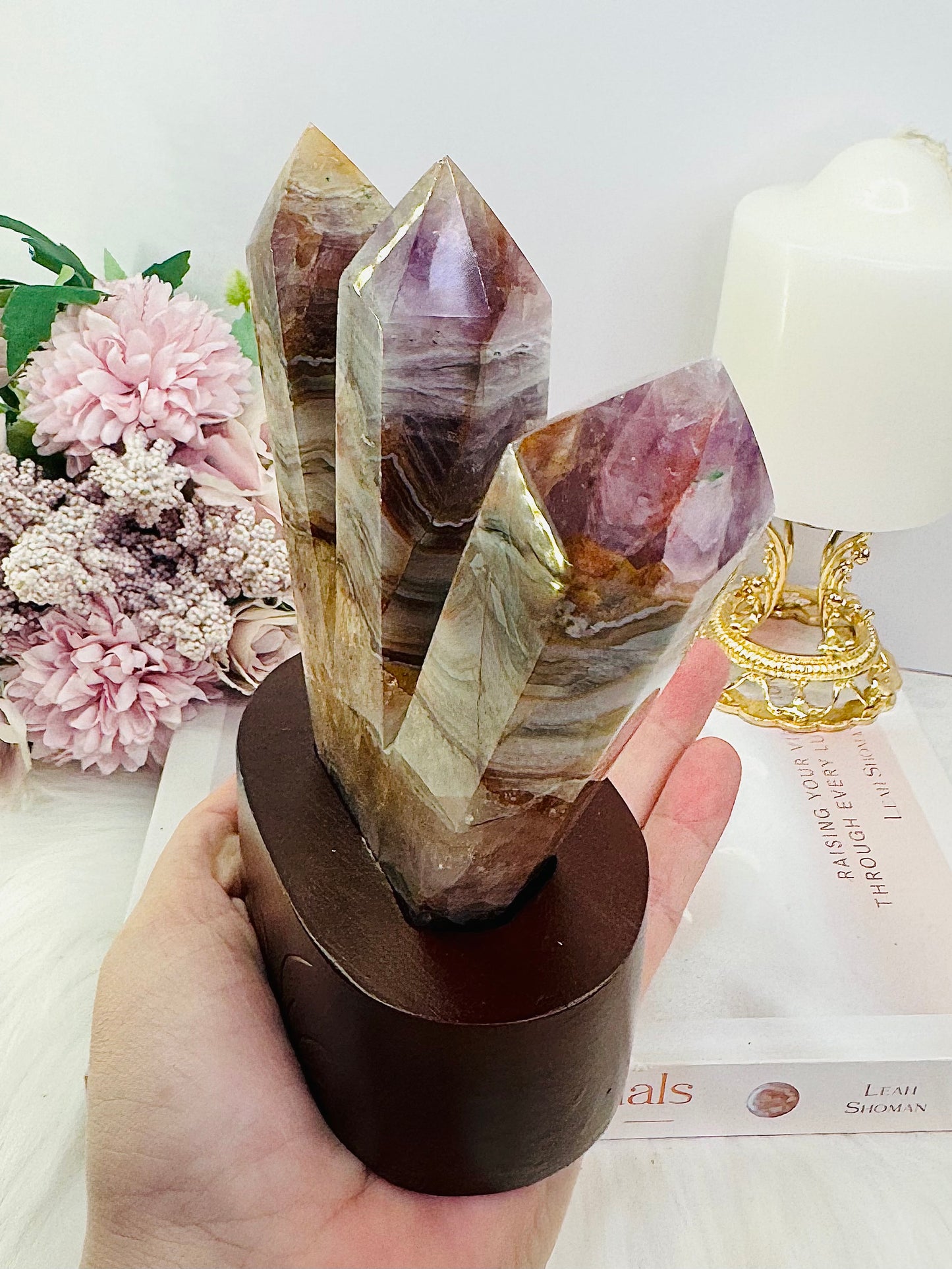 Gorgeous 15cm Tall Triple Amethyst X Agate Point Towers on Timber Stand