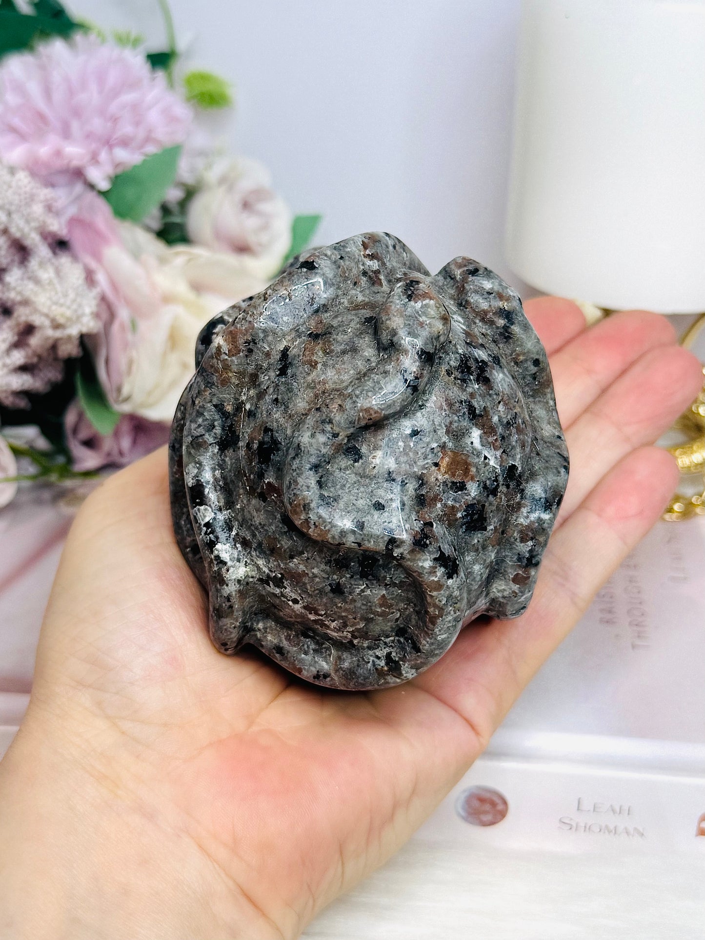 Large Yooperlite Carved Skull with Snake (UV Reactive) 617g