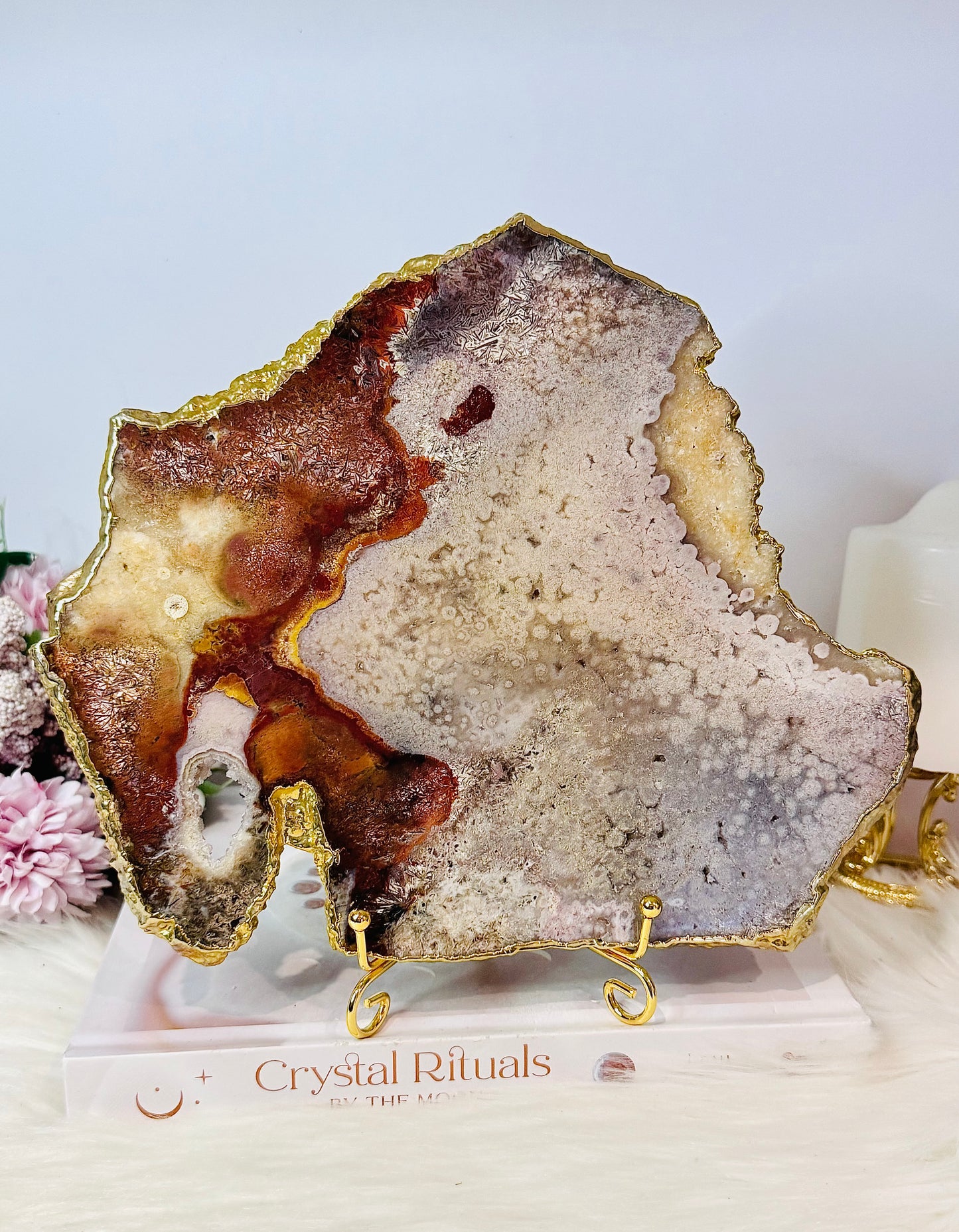A Collectors Piece ~ High Grade Natural Pink Amethyst Druzy Slice | Slab with Gold Plating on Gold Stand 496g