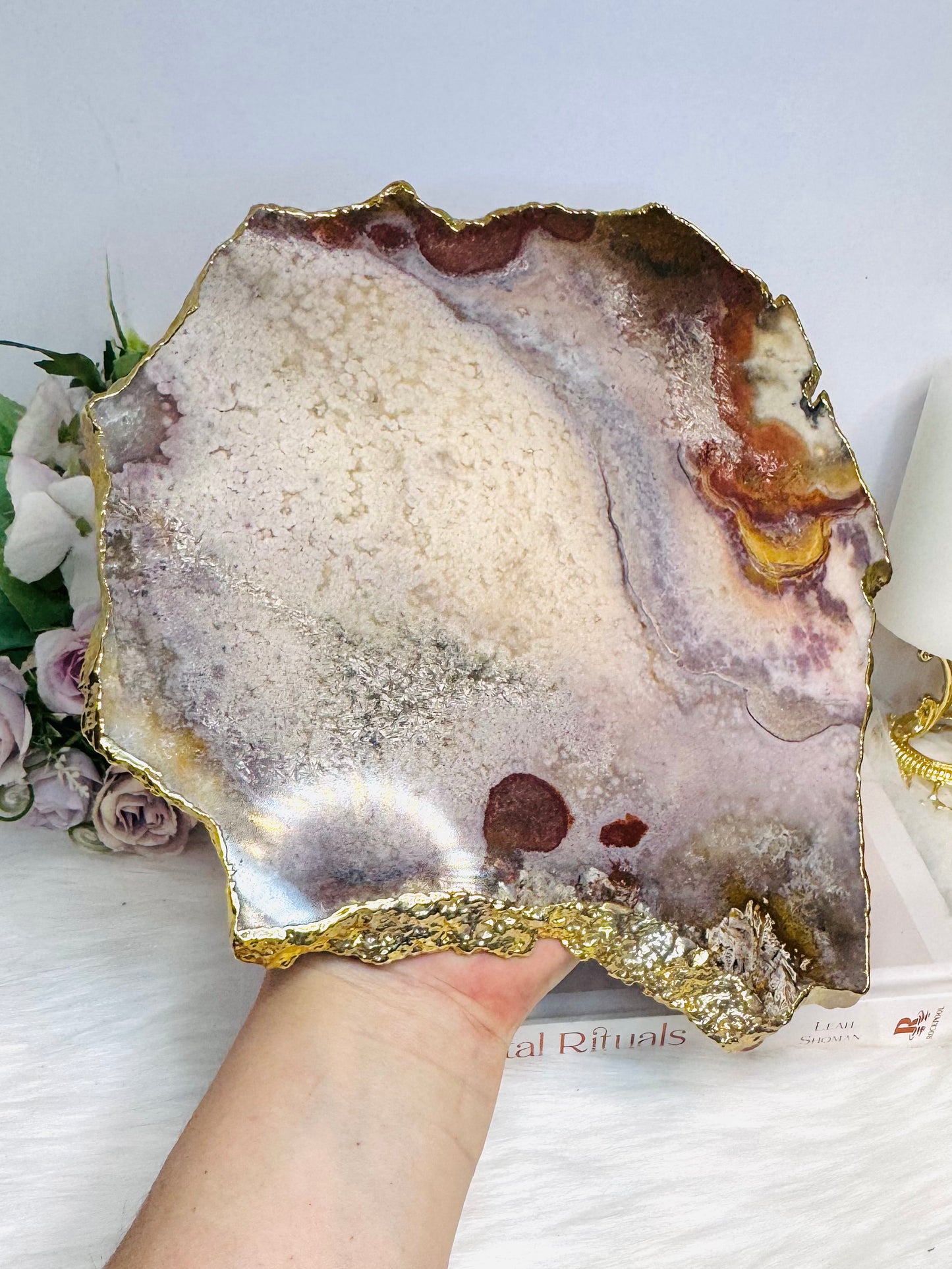 A Collectors Piece ~ High Grade Natural Pink Amethyst Druzy Slice | Slab with Gold Plating on Stand 24cm 689g