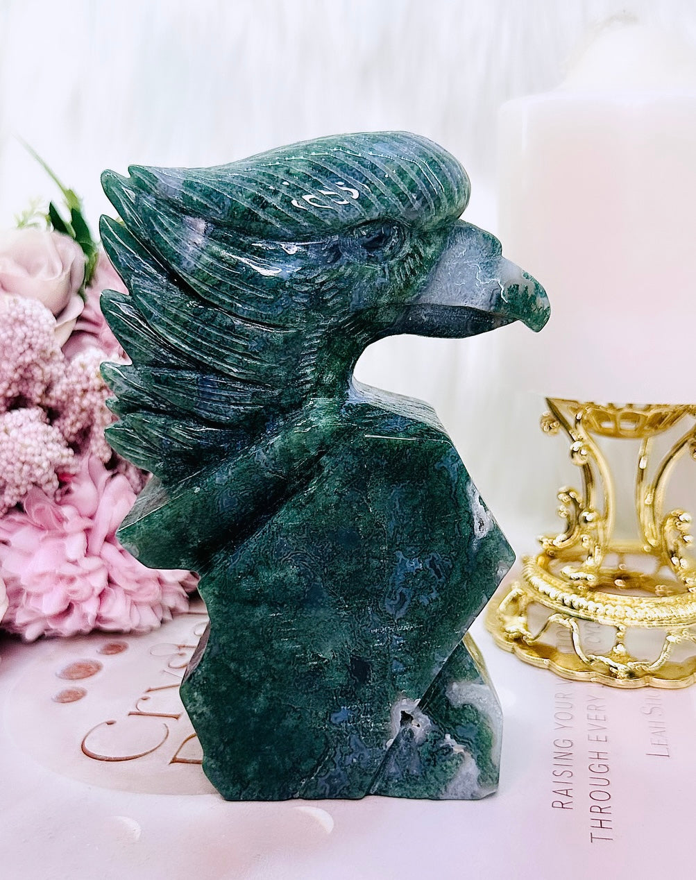 Peace & Tranquility ~ Gorgeous Large 633gram Perfectly Carved Moss Agate Eagle ~ A Divine Piece