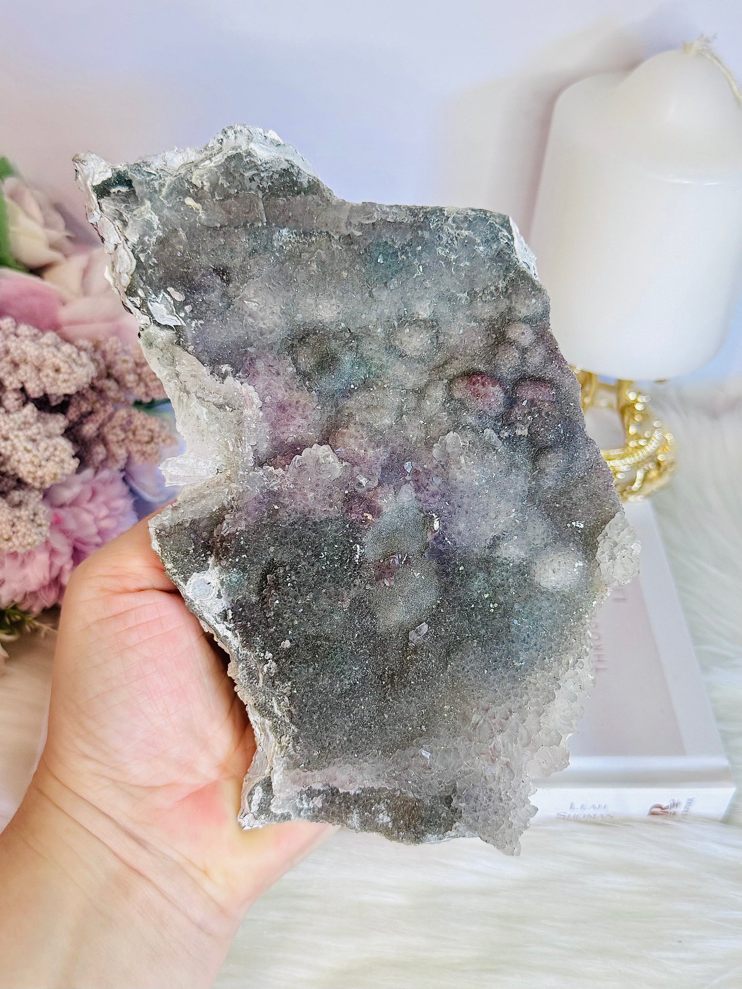 Beautiful Natural Zeolite | Flower Amethyst Slab on Custom Made Stand 22cm (Inc Stand)
