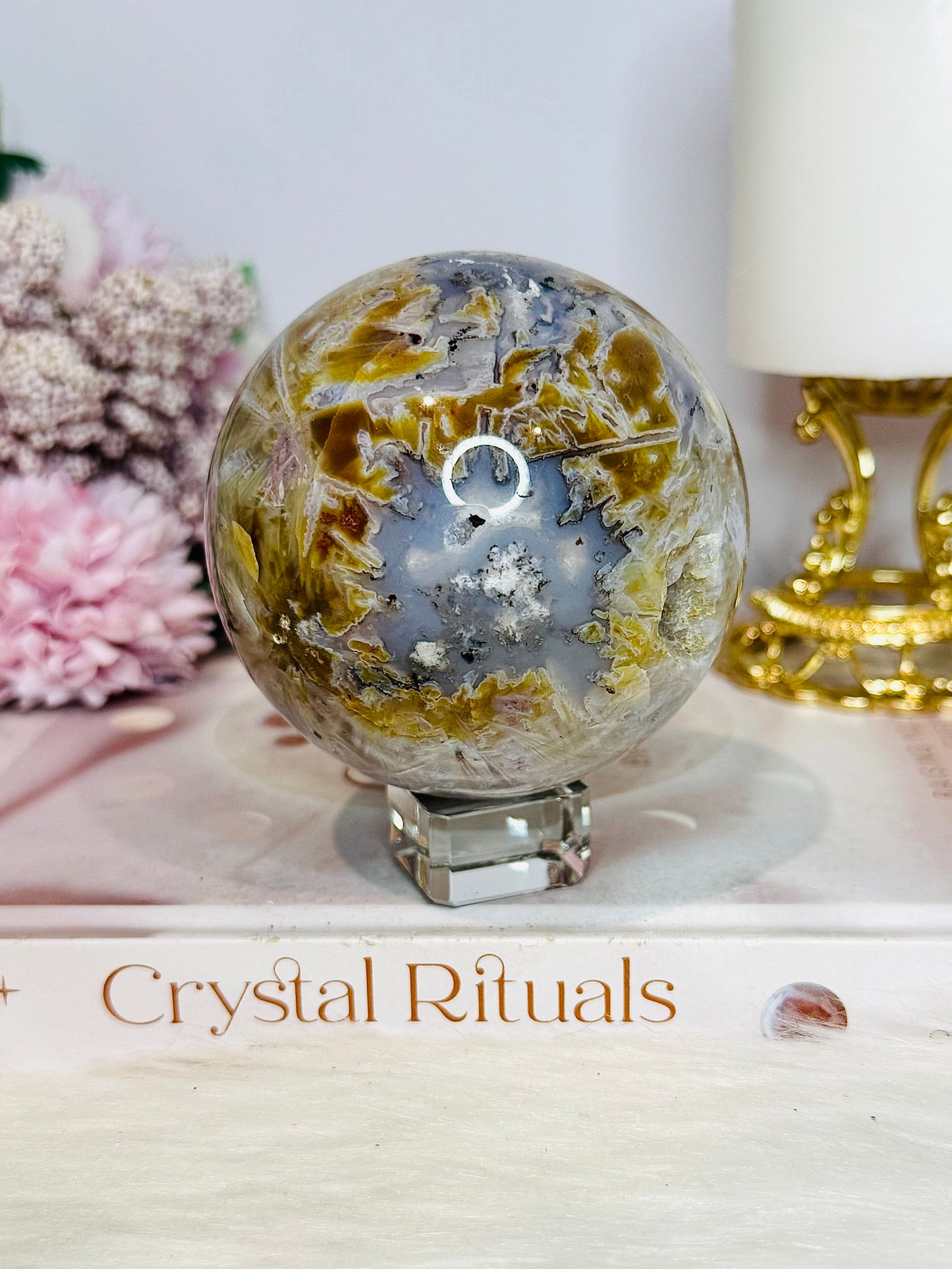Large Ocean Jasper Rutile Druzy Sphere on Stand