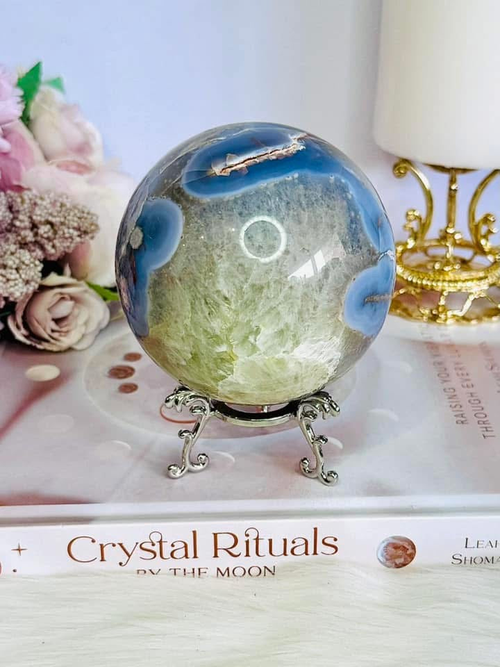 Rare & Incredible Large Green & Blue Flower Agate Sphere On Stand 671grams