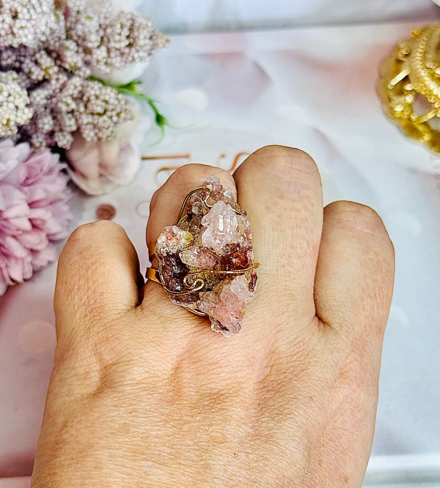 Pink Amethyst Cluster Gold Adjustable Ring In Gift Bag From Brazil
