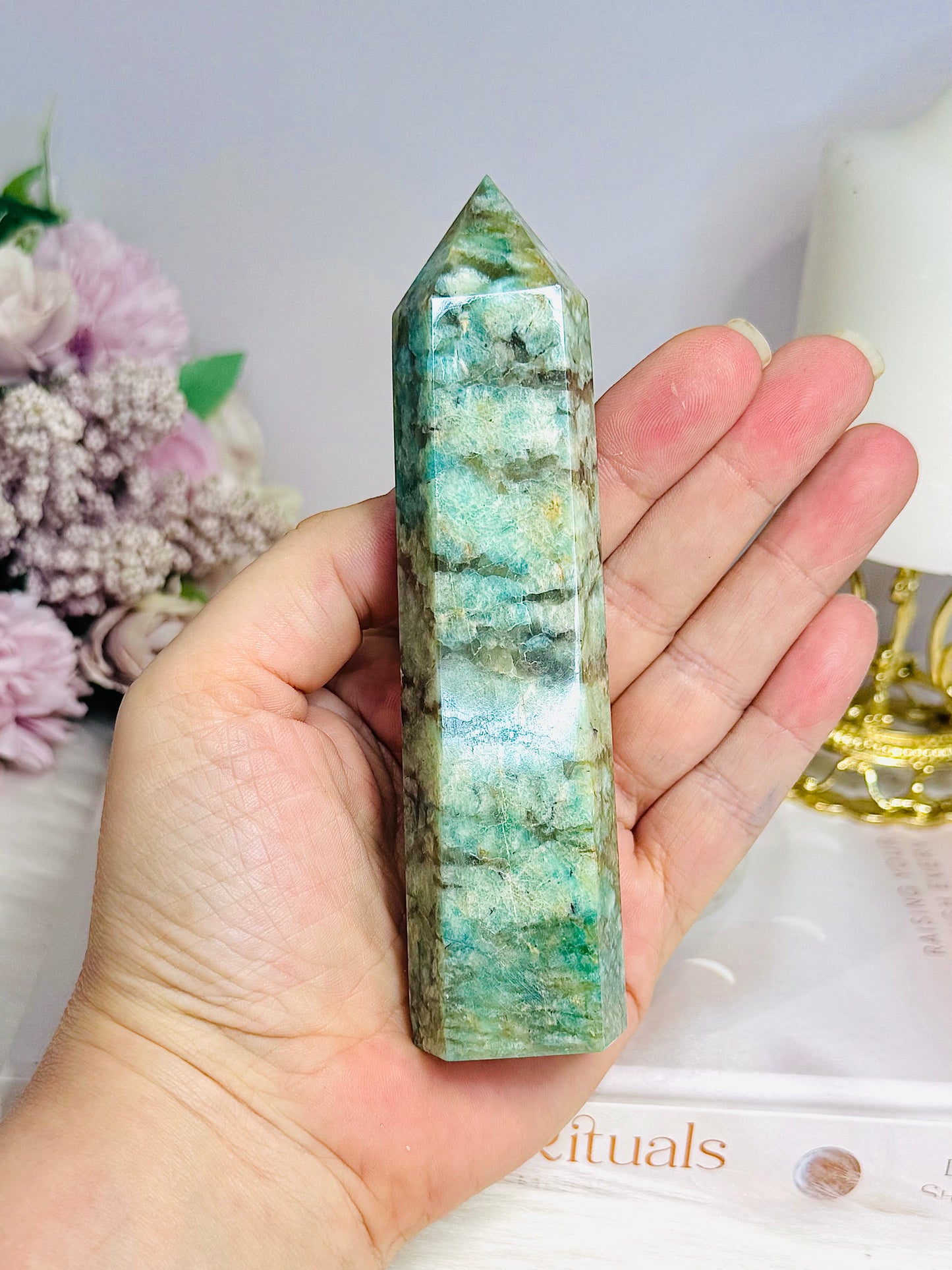 Amazonite with Smokey Quartz Tower 13cm