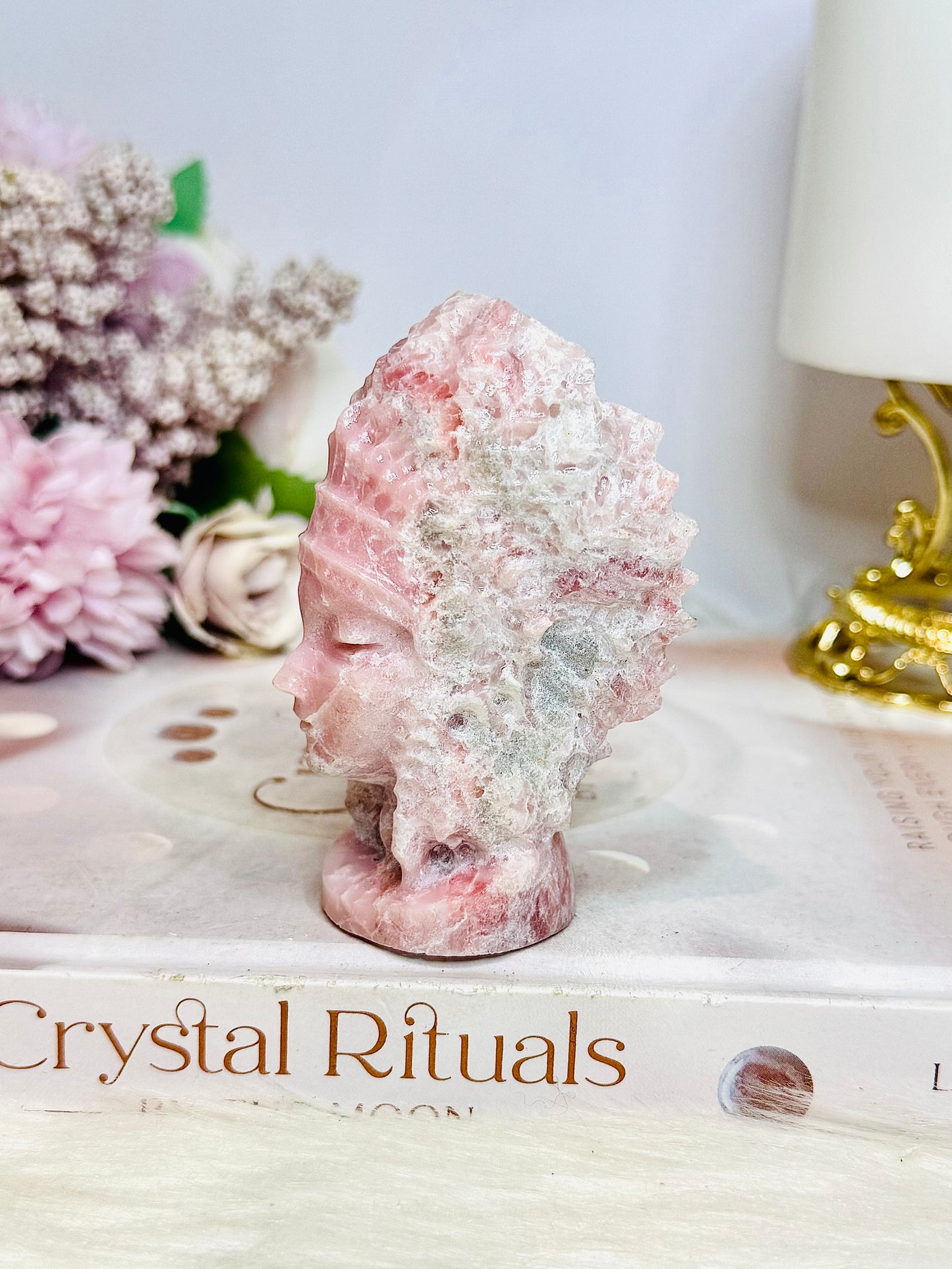 Pink Opal Carved Indian Head 8cm